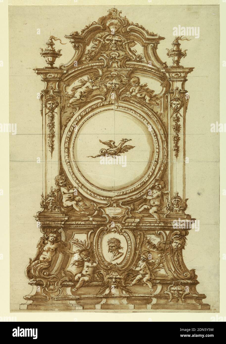 Design pour horloge de table, Giuseppe Gagliardi, 1697 – 1749, stylo et encre, pinceau et aquarelle, crayon noir sur papier à poser, Italie, 1697-1740, dessin Banque D'Images