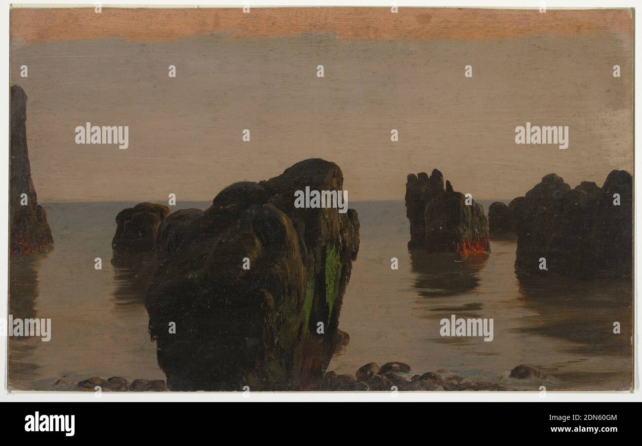Rochers et mousse au large de Grand Manan, église Frederic Edwin, américaine, 1826–1900, peinture au pinceau et à l'huile sur le tableau de composition, le rocher est montré dans ou en bordure de la mer. Ciel grisâtre. Marge supérieure montrant la couleur rosier., Etats-Unis, 1851–52, paysages, dessin Banque D'Images