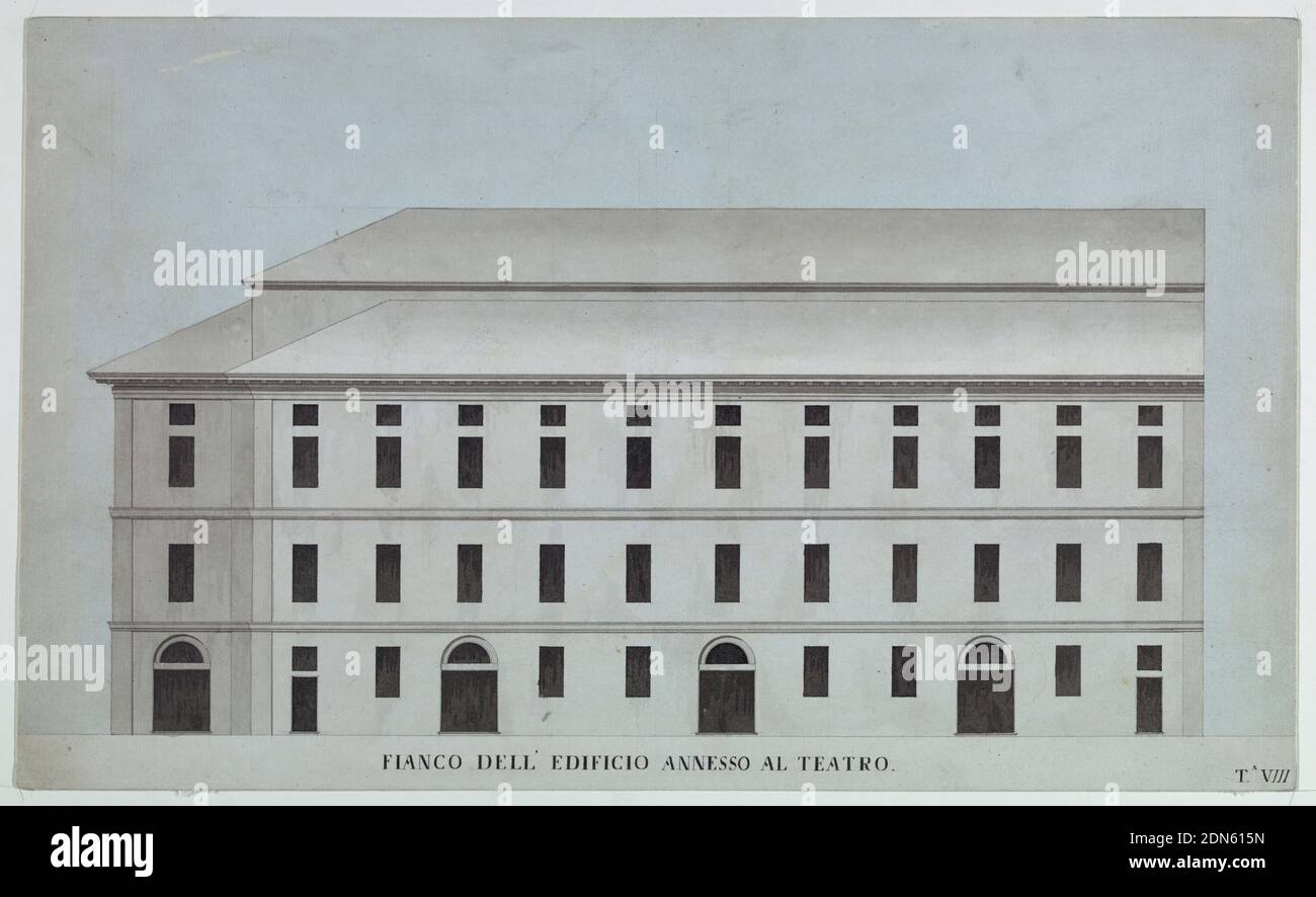 Design de compétition pour la Fenice, Venise: Élévation extérieure de l'annexe, stylo et encre noire, pinceau et lavage gris, aquarelle, graphite sur papier, dessin d'altitude de l'extérieur du théâtre 'annexe' montrant quatre portails et trois étages, exécuté dans des tons de brun clair et gris foncé., Venise, Italie, 1788, céramique, dessin Banque D'Images