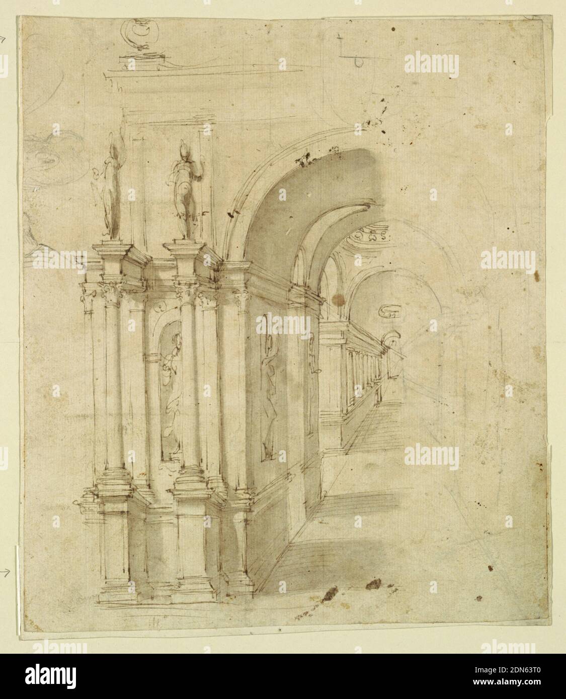 Scène Design: Vue à travers l'Arche, stylo et encre, brosse et sépia laver sur papier, rectangle vertical montrant la vue à travers l'arche surmontée par des statues dans la nef d'un bâtiment., Italie, fin du XVIIe siècle, théâtre, dessin Banque D'Images