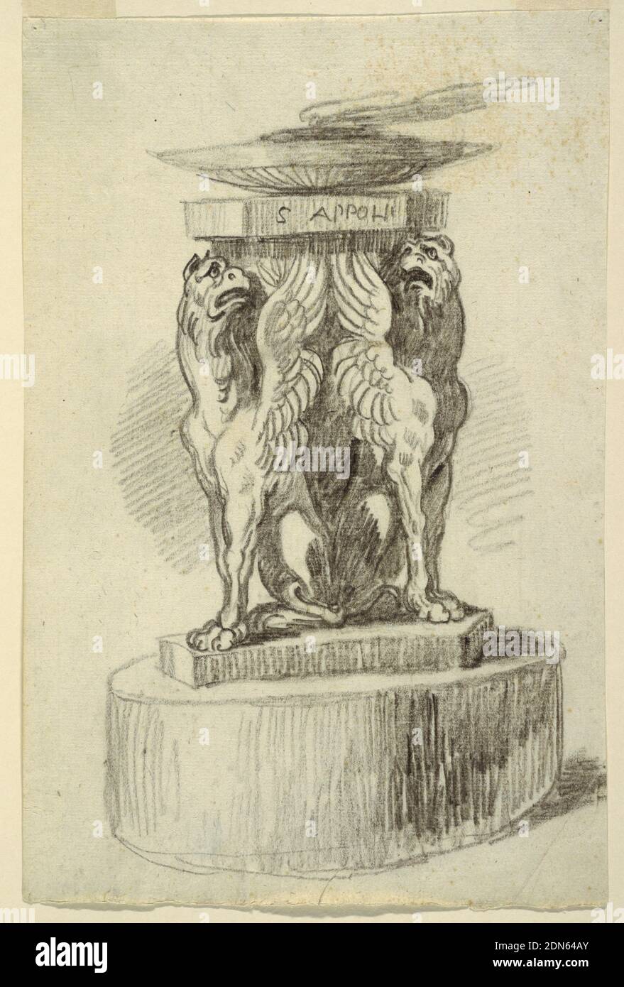 Un autel dédié à Apollon, craie noire sur papier avec filigrane de lys entouré double, composition verticale d'un autel avec un trépied avec des griffons sur un piédestal circulaire. L'inscription 'APPOLI' figure à l'avant. Le haut présente un bol de feu., Italie, 1815, architecture, dessin Banque D'Images