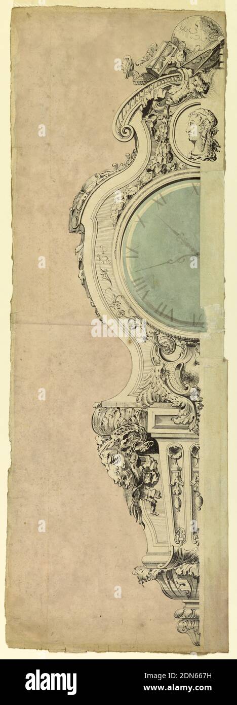 Design pour une horloge cartelle, Gilles-Marie Oppenord, français, 1672–1742, stylo et encre noire, pinceau et noir, rose et vert laver sur deux feuilles de papier blanc cassé, joint horizontalement, dessin d'une horloge, à l'échelle en altitude. Au-dessus du visage, un portrait de buste de médaillon, tous surmontés d'un globe, d'un sablier et de pieds à coulisse. La partie inférieure est constituée d'un élément architectural avec des têtes de bélier et se terminant en bas dans un cadre., 1700–1715, appareils de mesure et horlogerie, dessin Banque D'Images