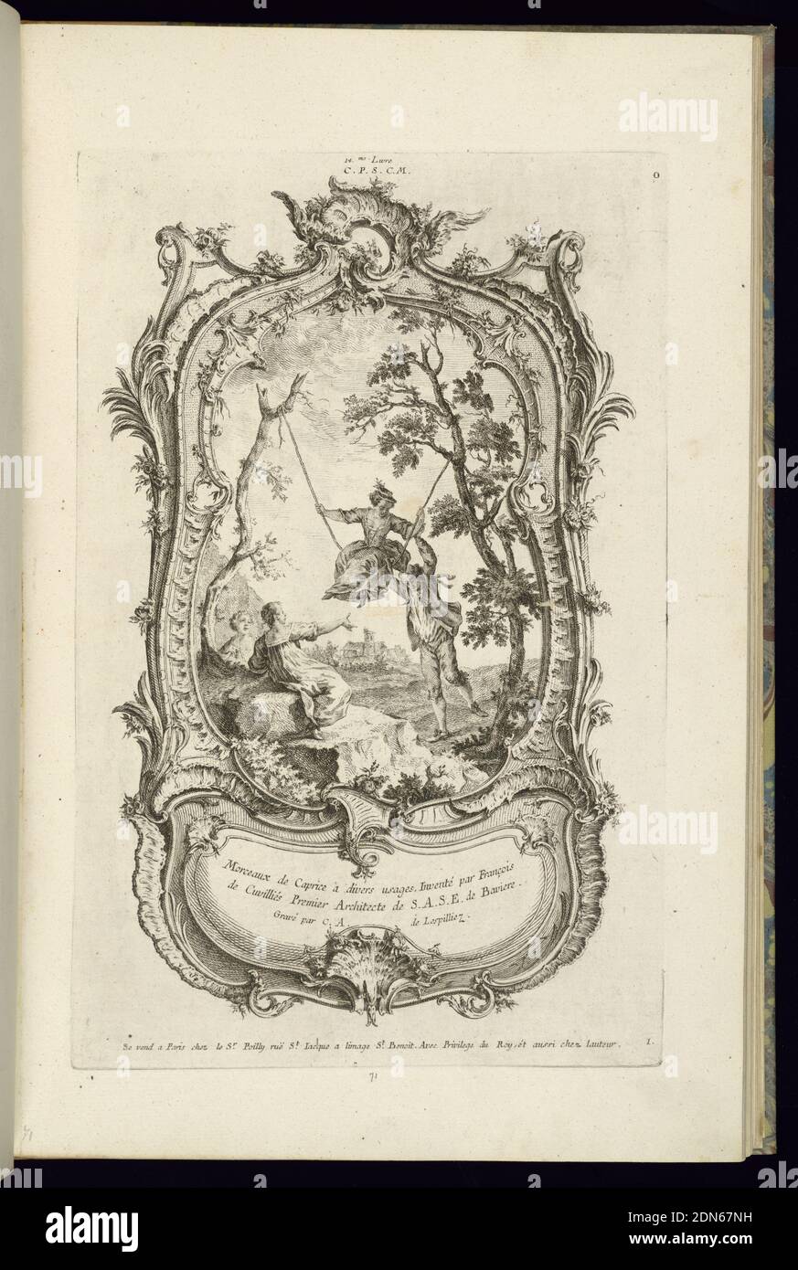 Design pour une cartouche avec de grands et petits compartiments, François de Cuvilliés The Elder, belge, active Allemagne, 1695 - 1768, Karl Albert von Lespilliez, 1723–1796, Nicolas Jean-Baptiste de Poilly, français, 1712–après 1758, gravure sur papier blanc cassé, dans le compartiment supérieur, une jeune femme sur une balançoire, Allemagne, Allemagne, 1745, figures, Imprimer Banque D'Images