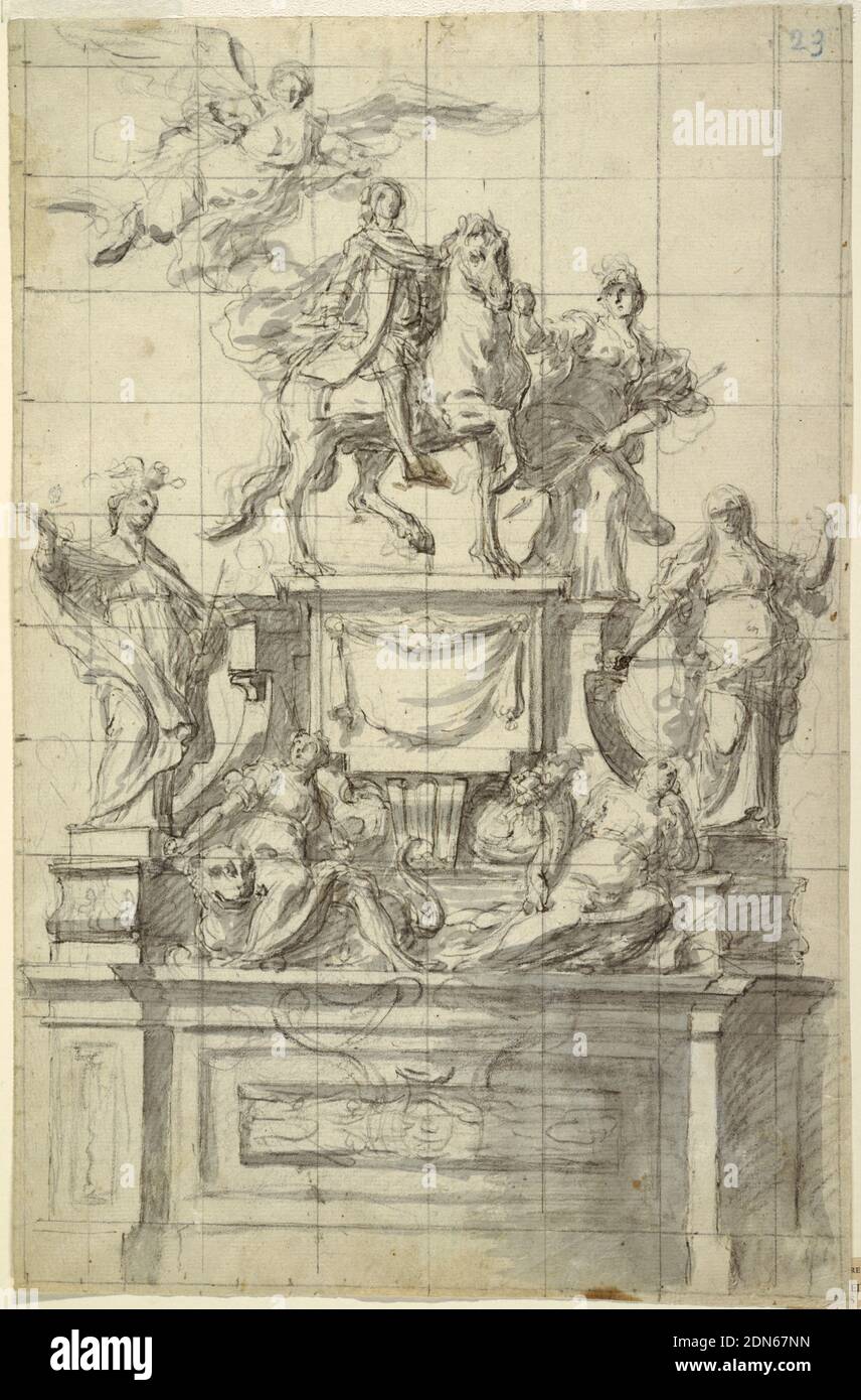 Design pour un monument à l'empereur Charles VI de Naples, Baldassare de Caro, italien, actif début du XVIIIe siècle, stylo et encre noire, brosse et lavage noir, craie noire sur papier crème, rectangle vertical. En haut à gauche, une figure allégorique de victoire en vol couronne le prince Charles VI, qui est à cheval au sommet d'un piédestal sur une base. Minerva, déesse de la guerre, mène son cheval à droite et est identifié par le casque qu'elle porte. Ce groupe est encadré par la prudence (à gauche) et la justice (à droite) sur la base. Fortune et Temperance s'inclinent sur le dessus de la base. Au carré pour le transfert. Banque D'Images