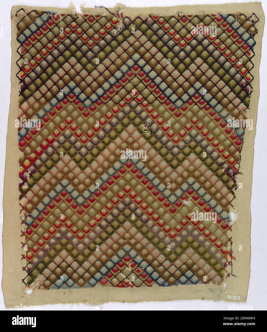 Textile, Moyen: Laine, lin technique: Broderie à points comptés, panneau oblong de toile, brodée solidement en laines colorées. Conception de blocs ombrés, environ un demi-pouce carré, disposés en zigzag ou en point de flamme. États-Unis, milieu du XIXe siècle, broderie et couture, textile Banque D'Images