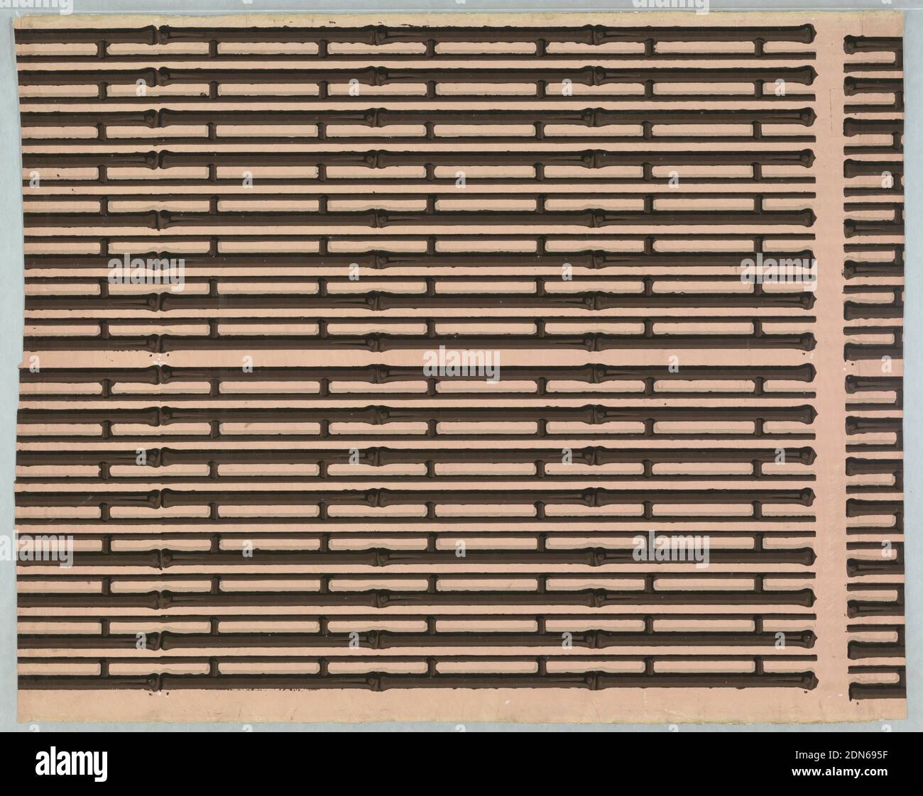 Bordures, imprimées en bloc sur du papier fait à la main, deux bordures en treillis de bambou à la largeur. Bambou noir sur sol rose. La série s'arrête et reprend à une fin., Angleterre, 1820, Wallcoverings, Borders Banque D'Images