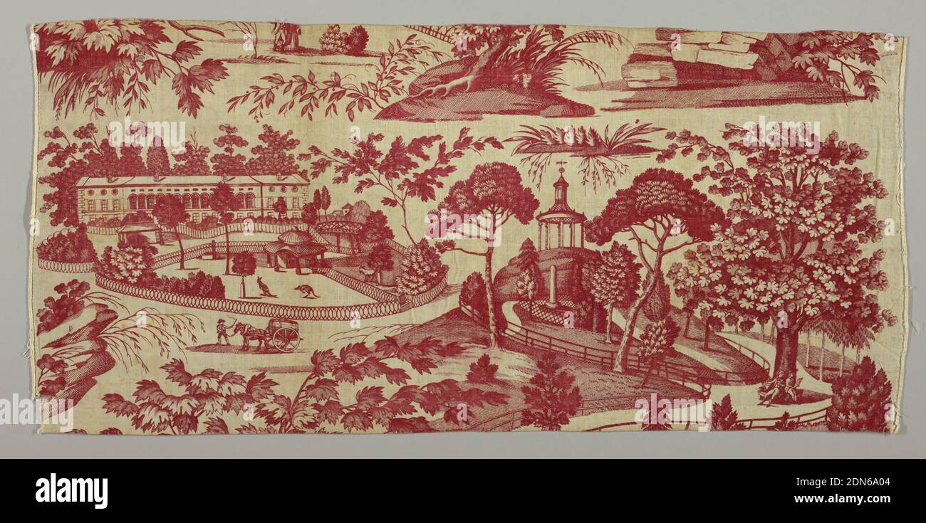 Le jardin des plantes', Favre Petitpierre, (France, 1802–1818), Moyen: Coton, technique: Imprimé par plaque de cooper gravée sur un armure toile, Parc zoologique avec enclos clos contenant des animaux. Exécution en rouge sur fond blanc., 1802–1818, textiles imprimés, teints et peints, fragments, fragments Banque D'Images