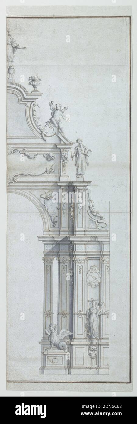 Design pour la moitié droite d'un cadre de porte, A. Quadrío, italien, actif du XVIIIe siècle, stylo et encre, brosse et lavage sur papier bleu-gris, conception verticale pour la moitié droite d'un cadre de porte. Une arche est soutenue par des pilastres, dont un se tient devant un mur. Un harpy, représenté en profil, est placé sur un piédestal devant lui. La partie latérale du cadre est légèrement en saillie. Figure d'une femme allégorique, avec un oiseau sur sa tête, une cornucopia dans son bras gauche, et un trophée d'armes, dans lequel une couronne est incluse, dans son bras droit. Au-dessus d'un écusson, avec une main et une torche. Banque D'Images