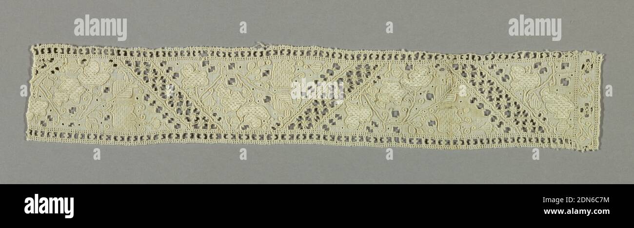 Bordure, moyenne: technique de lin: Travail d'élément retiré, travail de découpe, dentelles d'aiguille, broderie, bordure d'éléments diagonaux équilibrés par des pulvérisations florales asymétriques à intervalles., Italie, fin du XVIe au début du XVIIe siècle, dentelle, frontière Banque D'Images