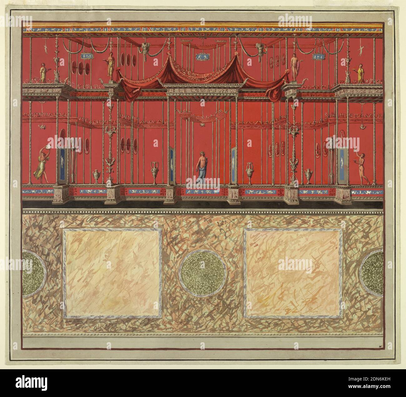 Décoration murale, Domus Aurea, Rome, Vincenzo Brenna, cuisine italienne, 1745 – 1820, Franciszek Smugliewicz, 1745 – 1807, pinceau et gouache, aquarelle, gravure sur la plaque de marque, Design pour une décoration murale. Vue sur un mur de couleur rouge avec des grotesques au-dessus d'un mur de marbre avec des carrés et des cercles incrustés. Motif grotesque se compose de compartiments de cadre ouverts surmontés de figures à gauche et à droite et de matériaux drapés au centre., Rome, Italie, 1776–77, papiers peints, impression Banque D'Images