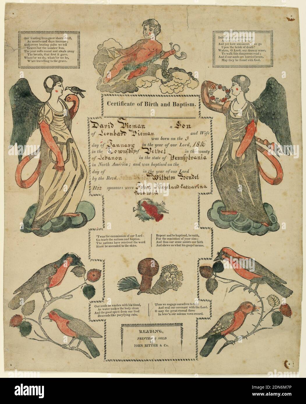 Taufschein [certificat de naissance], stylo et encre noire et brune, pinceau et aquarelle sur papier vélin blanc, imprimé letterpress en anglais avec du texte entré avec de l'encre. Au-dessus, putti sur un nuage tenant une couronne de Laurier et une enveloppe; à gauche et à droite, des anges debout. Au-dessous d'eux, des oiseaux sur des branches avec une cornucopia et une section centrale du texte et des versets enfermés dans une bordure réglée. En haut à gauche et écrivez, versets supplémentaires., Paris, France, 1816, ephemera, Fraktur, Fraktur Banque D'Images