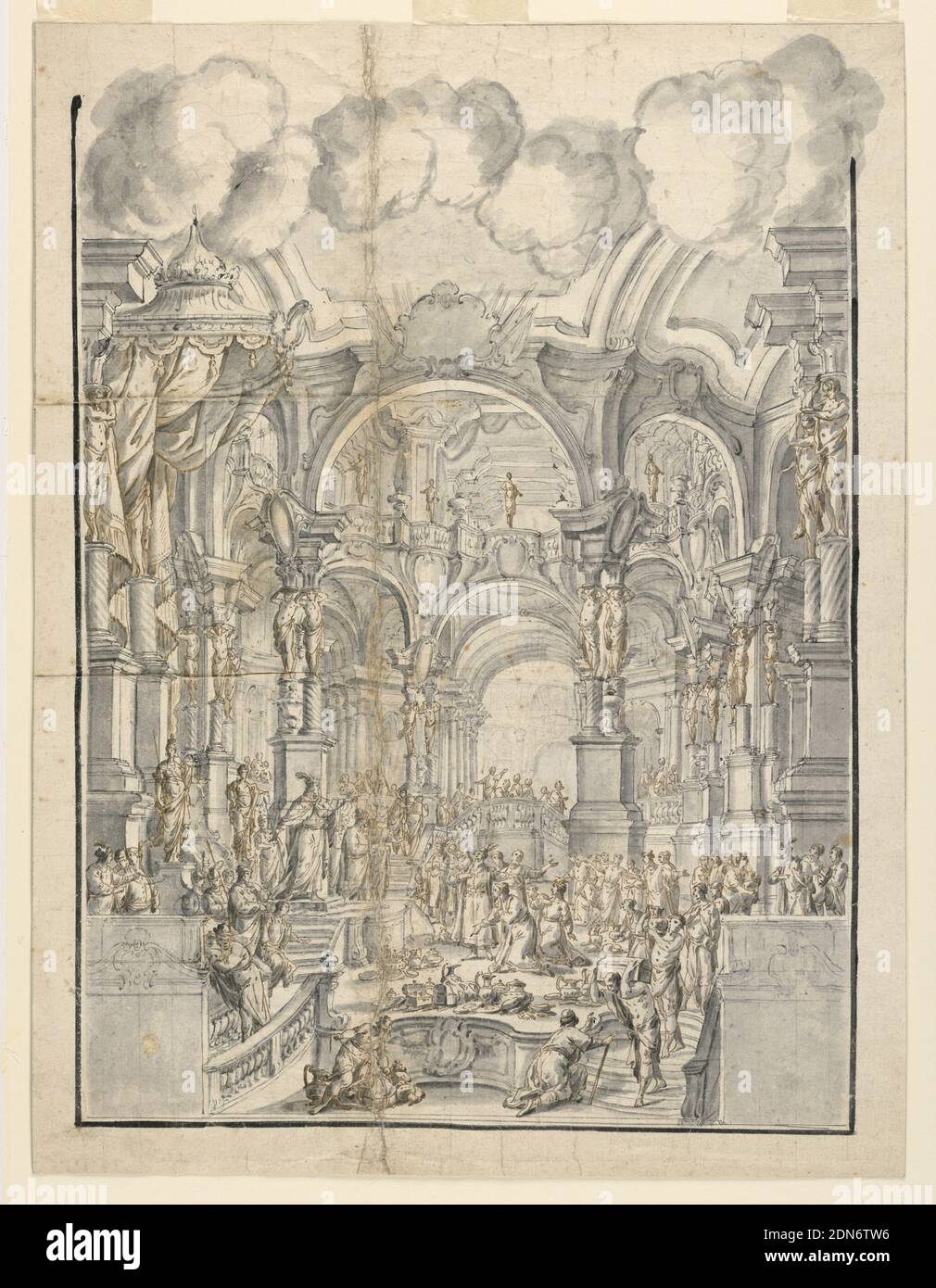 A court Scene, Francesco Galli Bibiena, Italien, 1659–1739, stylo et encre marron; pinceau et gris, bleu et rose pâle sur papier blanc, disposé, rectangle vertical montrant une scène de cour de palais avec des nuages accroché au-dessus d'un espace architectural élaboré. De nombreuses figures rendent hommage à un roi debout à gauche, sous un haut baldacchino. Colonnes avec caryatides support arches., Italie, 1700–1739, architecture, dessin Banque D'Images