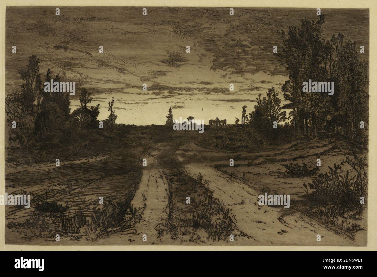 Twilight, Mary Nimmo Moran, américaine, 1842–1899, Etching et mezzotint sur papier, scène de campagne à Eastampton, New York, vers le soir. Groupes d'arbres à gauche et à droite. Deux chemins mènent à l'arrière-plan, avec des maisons de ferme à distance., USA, 1880, paysages, Imprimer Banque D'Images