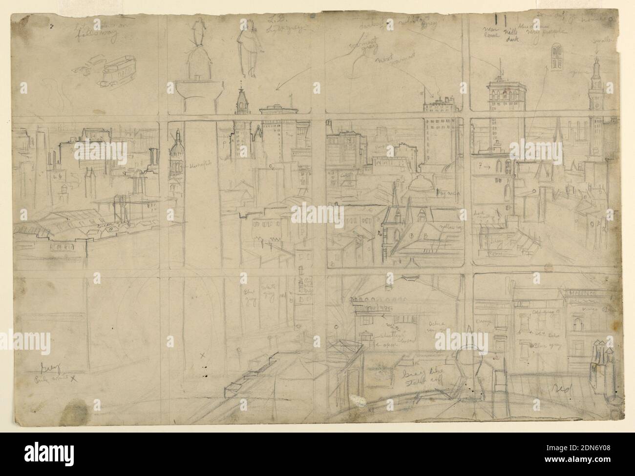 Baltimore Skyline, Griffith BDaily Coale, cuisine américaine, 1890–1950, Graphite sur papier, croquis regardant par une fenêtre supérieure. Le Washington Monument est au premier plan à gauche, avec la Walters Art Gallery (à l'angle de Center Street et Charles Street) à gauche et la Peabody School of Music, en bas à droite au centre. De grands bâtiments au loin. Notes de couleur dans tout., 1921, architecture, dessin Banque D'Images