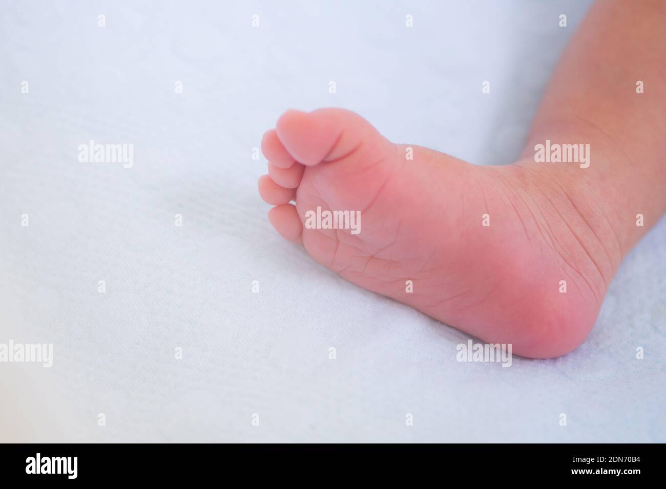 Petit Pied De Bebe Nouveau Ne Sur Une Couverture Blanche Avec Espace De Copie Pour Votre Texte Photo Stock Alamy