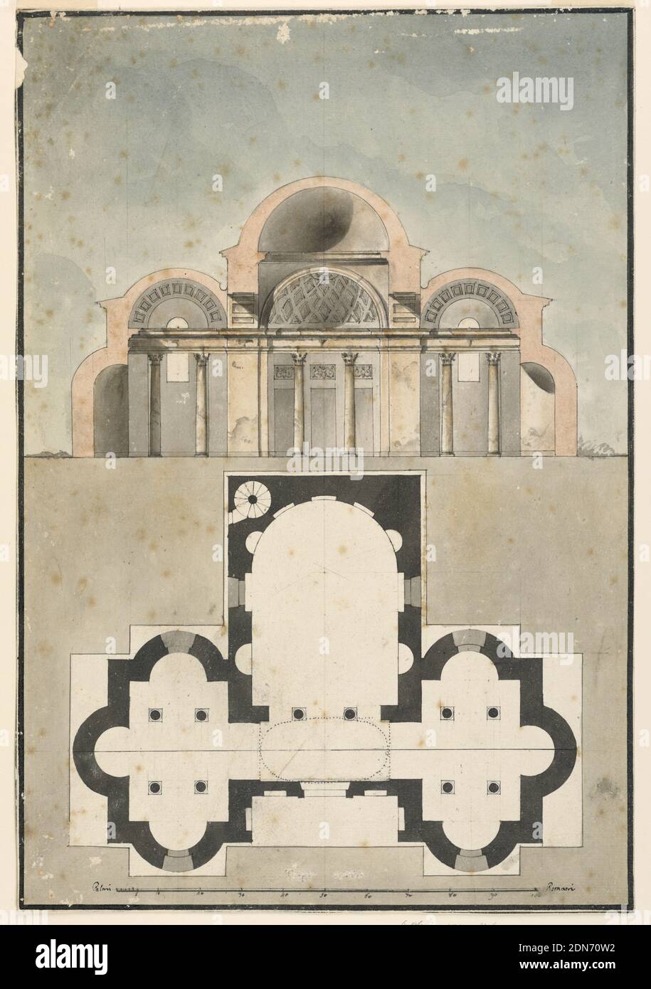 Section, petit bâtiment à dôme, stylo et encre noire, rose, brun et bleu lavage, craie noire sur papier, avec fragments de papier bleu encadrement, Temple dans la section et plan avec porche et elliptique dôme narthex derrière lequel est nef avec des niches dans les murs et se terminant en abside. De chaque côté du porche se trouvent des ailes/allées rectangulaires verticales; chacune avec des apses sur trois côtés et quatre colonnes soutenant la entablature, Italie, ca. 1780, architecture, dessin Banque D'Images