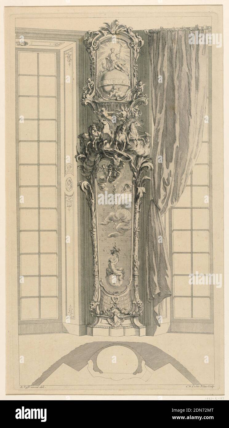 Design d'une horloge à long-case dans une niche, Charles-Nicolas Cochin le plus jeune, 1715 - 1790, Antoine François Vassé, français, 1681 - 1736, Etching sur papier, la riche décoration de l'horloge se réfère à Apollo, qui est assis sur un globe, qui est entouré d'un groupe servant de cadran. Flanquée de parties de fenêtres à deux fenêtres. Le plan de la niche et de l'horloge est montré sur le plancher. Ligne de cadrage. Signé: 'R. Vassé invenit deli.' en bas à gauche; C. N. Cochin Filius chabp.' en bas à droite., France, ca. 1732, Imprimer Banque D'Images Design d'une horloge à long-case dans une niche, Charles-Nicolas Cochin le plus jeune, 1715 - 1790, Antoine François Vassé, français, 1681 - 1736, Etching sur papier, la riche décoration de l'horloge se réfère à Apollo, qui est assis sur un globe, qui est entouré d'un groupe servant de cadran. Flanquée de parties de fenêtres à deux fenêtres. Le plan de la niche et de l'horloge est montré sur le plancher. Ligne de cadrage. Signé: 'R. Vassé invenit deli.' en bas à gauche; C. N. Cochin Filius chabp.' en bas à droite., France, ca. 1732, Imprimer Banque D'Images
