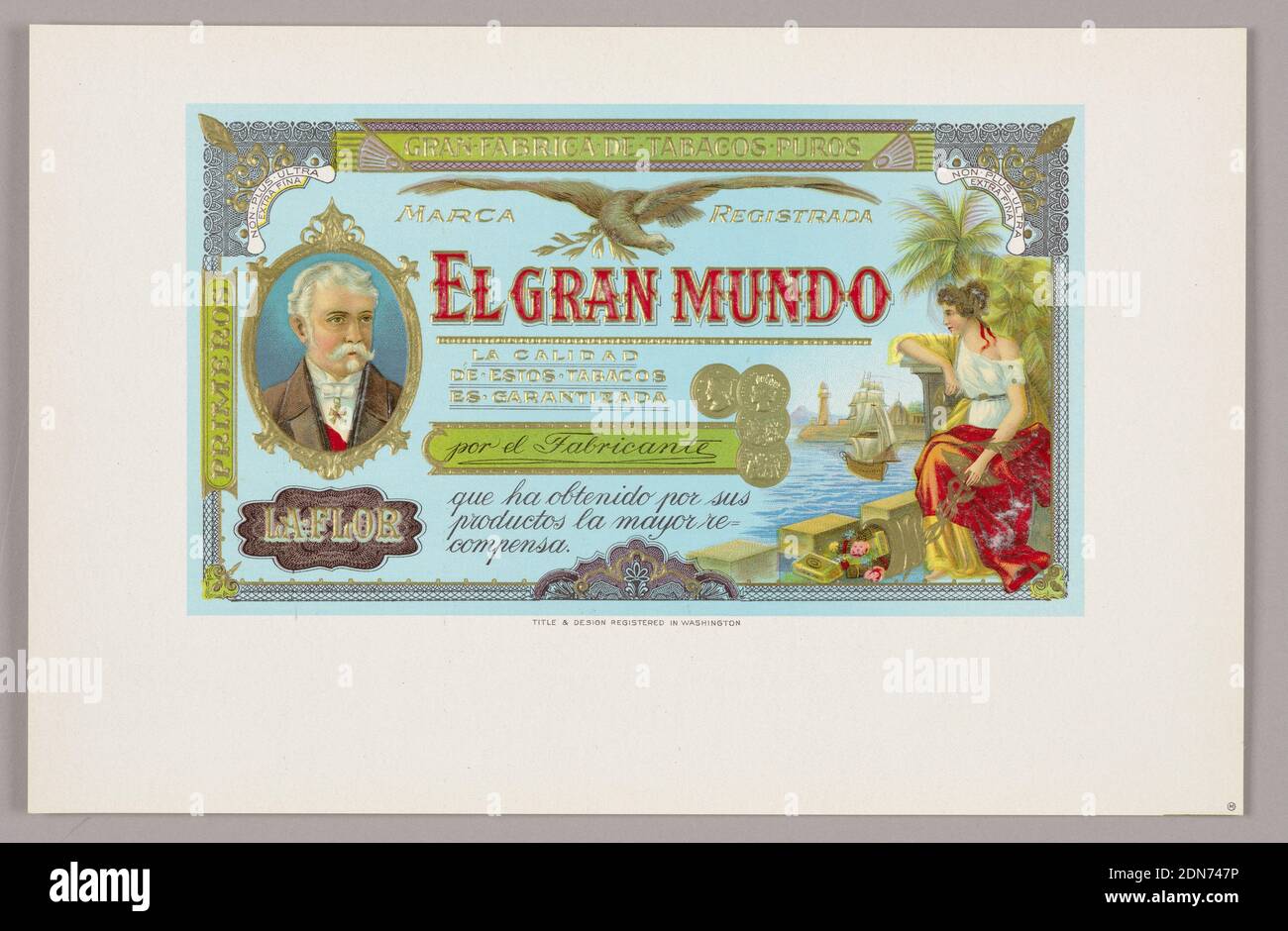 El Gran Mundo (le Grand monde), lithographie, poudre de bronze gaufré (peut-être or) et adhésif sur papier chiffon, étiquette de boîte à cigares intérieure polychrome placée dans un champ blanc. Le design montre un aigle en vol sur des lettres rouges: El Gran Mundo (le Grand monde). À gauche, un portrait; à droite, une femme est assise près du port de la Havane avec une cornucopia de cigares à ses pieds. Derrière se trouve le phare de Castillo del Morro et un bateau. Au centre se trouvent quatre médailles d'or en relief., USA, 1898–1920, motif graphique, étiquette Cigar Banque D'Images