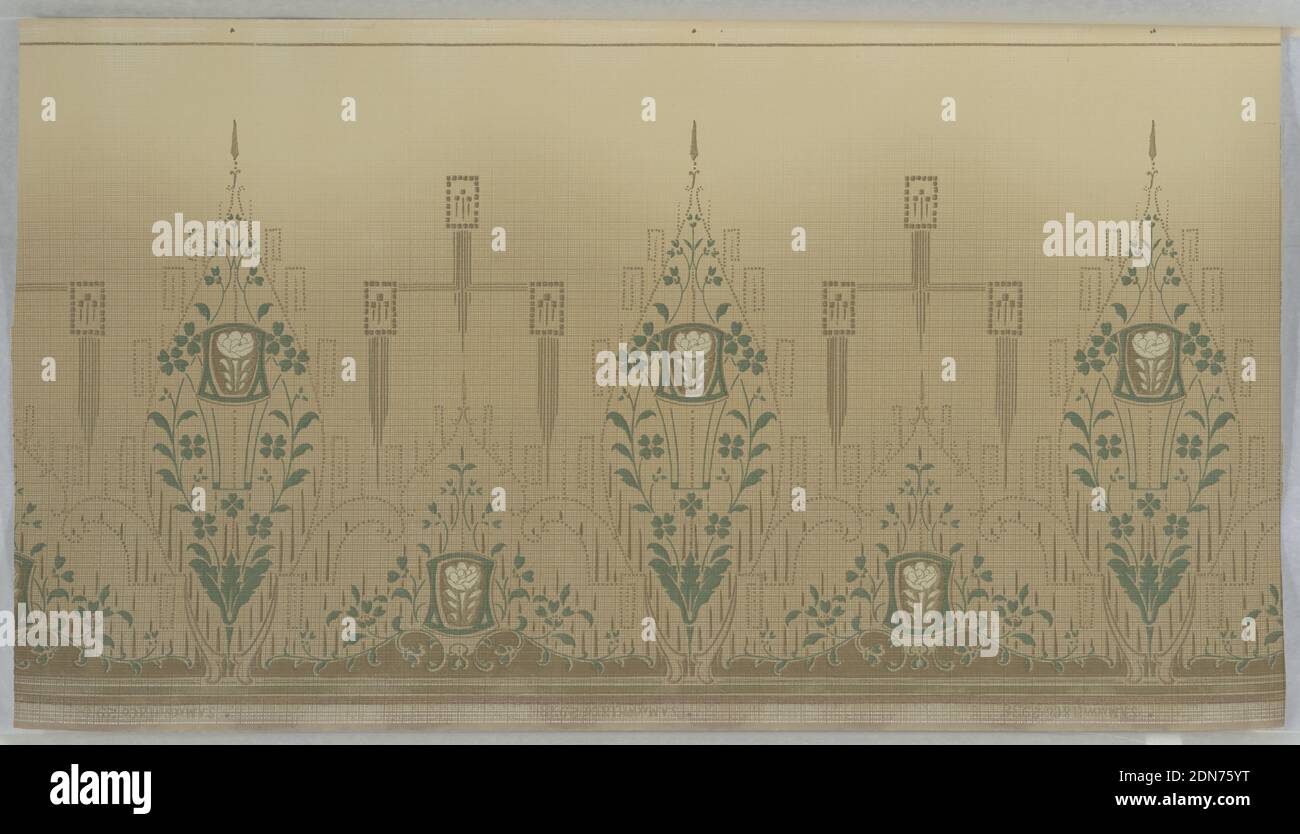 Frieze, S.A. Maxwell & Co., papier imprimé à la machine, sur un sol brun clair, dessins alternés: Vignes vertes en forme d'amande contenant un “vase” avec une rose blanche et même rose au fond entouré de vignes vertes avec une image lustre ci-dessus composée d'une croix avec trois carrés., USA, 1905–1915, Wallcovers, Frieze Banque D'Images