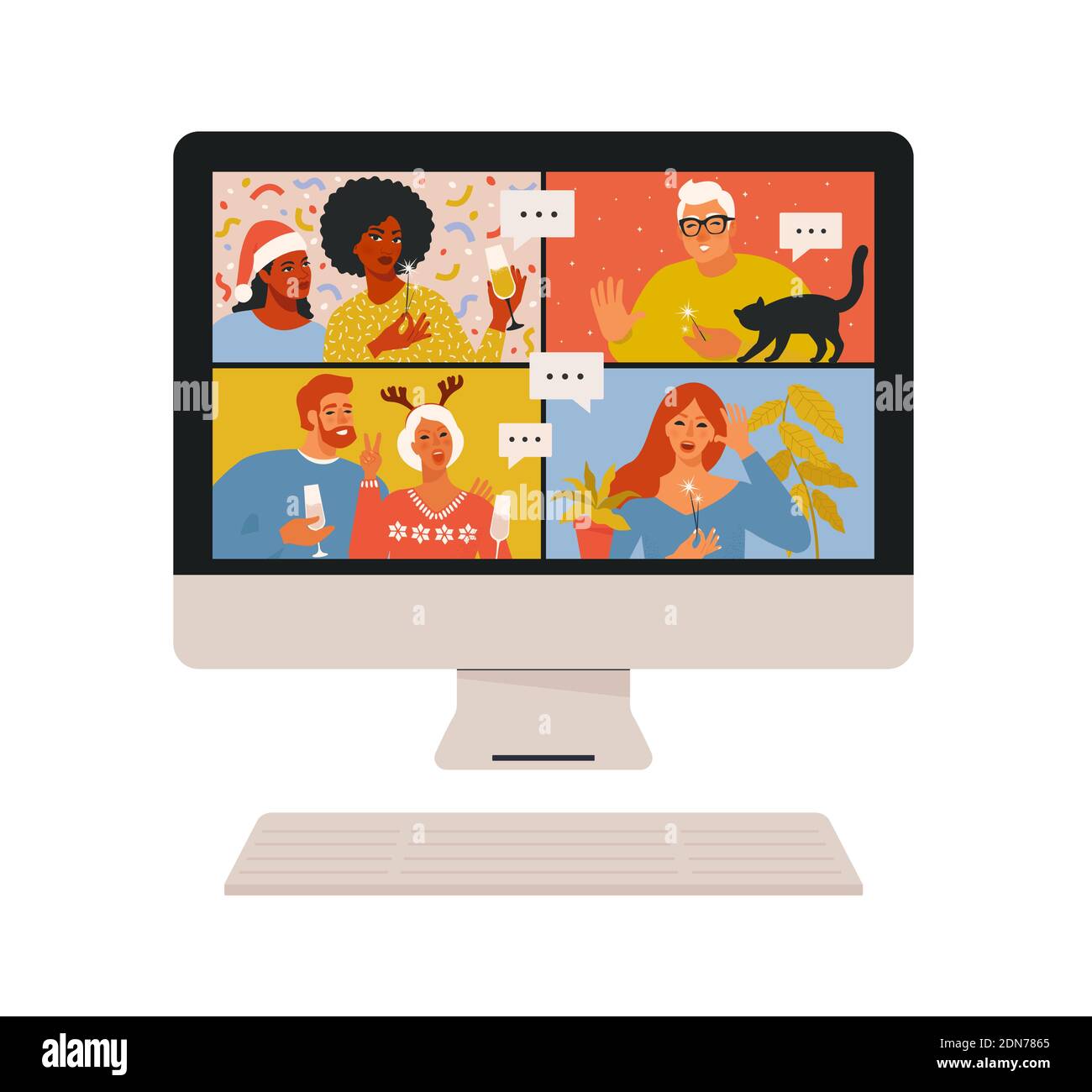 Concept de visioconférence et de communication Web. Réunion d'équipe en ligne. Les hommes et les femmes souriants travaillent à distance et ont une discussion virtuelle de Noël. Ven Illustration de Vecteur