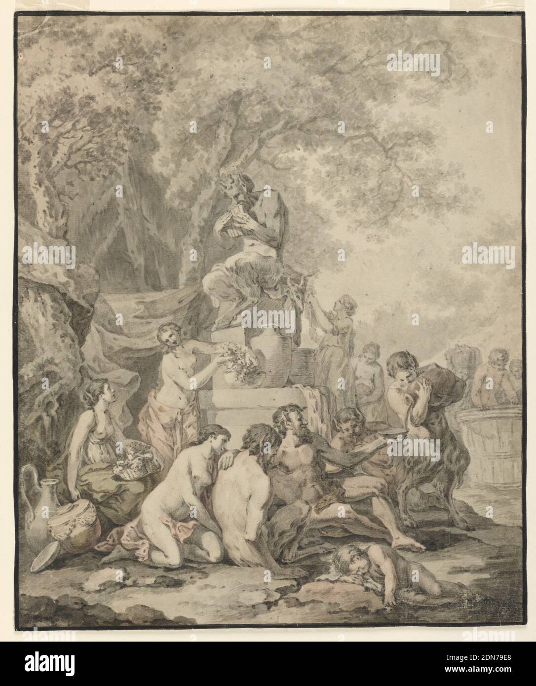Scène Bacchanalienne, Johann Sebastian Bach, allemand, 1685 - 1750, stylo et encre grise, pinceau et aquarelle grise, verte et rose se lave sur papier blanc cassé, avec filigrane de Fleur-de-lis dans un bouclier surmonté d'une couronne. (Probablement papier hollandais semblable à Briquet no 7165.), rectangle vertical. Un groupe de nymphes et de satyres sont vus en plein avant-plan devant une statue d'un Pan assis sur une plinthe haute. En arrière-plan, les chiffres sont des raisins piétinés dans un grand baril., Allemagne, 1772–74, chiffres, dessin Banque D'Images