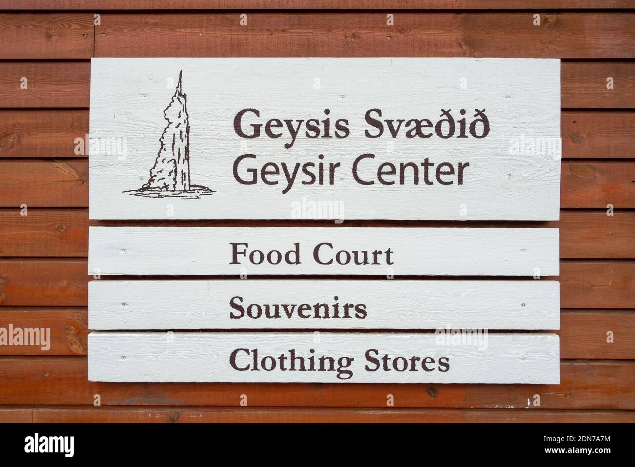 Geysir Hot Springs Visitor Center panneau pour le restaurant et le magasin direction Haukadalur Valley, Islande c'est la maison du Grand Geyser Banque D'Images