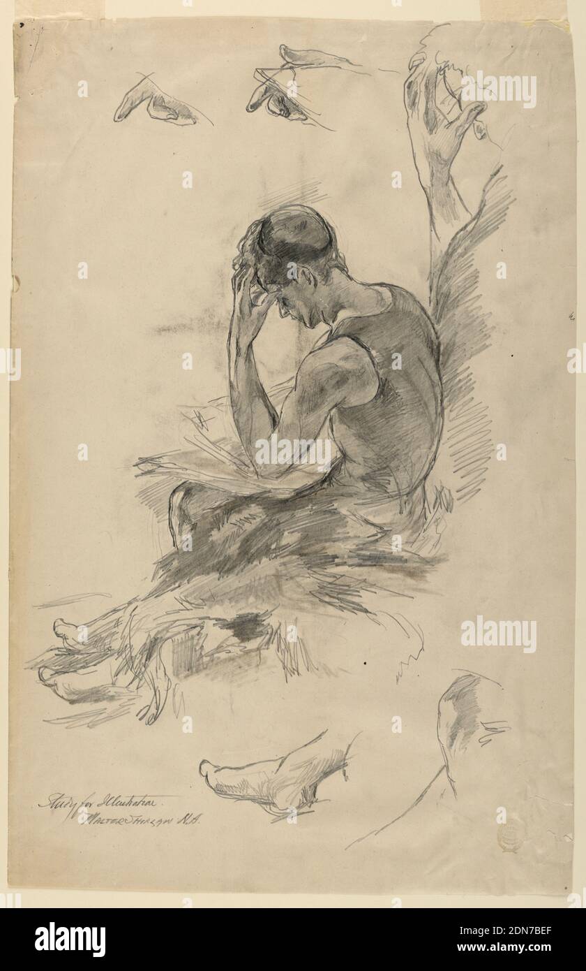 Etude pour l'illustration, Walter Shirlaw, American, b. Écosse, 1838–1909, crayons graphite, noir et marron sur papier, UN homme dans un maillot de bain est montré en profil, assis et en lecture. Sa tête penche sur la main gauche. Études distinctes ci-dessus et ci-dessous : deux pour les doigts de la main droite, trois pour le pied droit et un pour le genou gauche., États-Unis, 1875–80, figures, dessin Banque D'Images