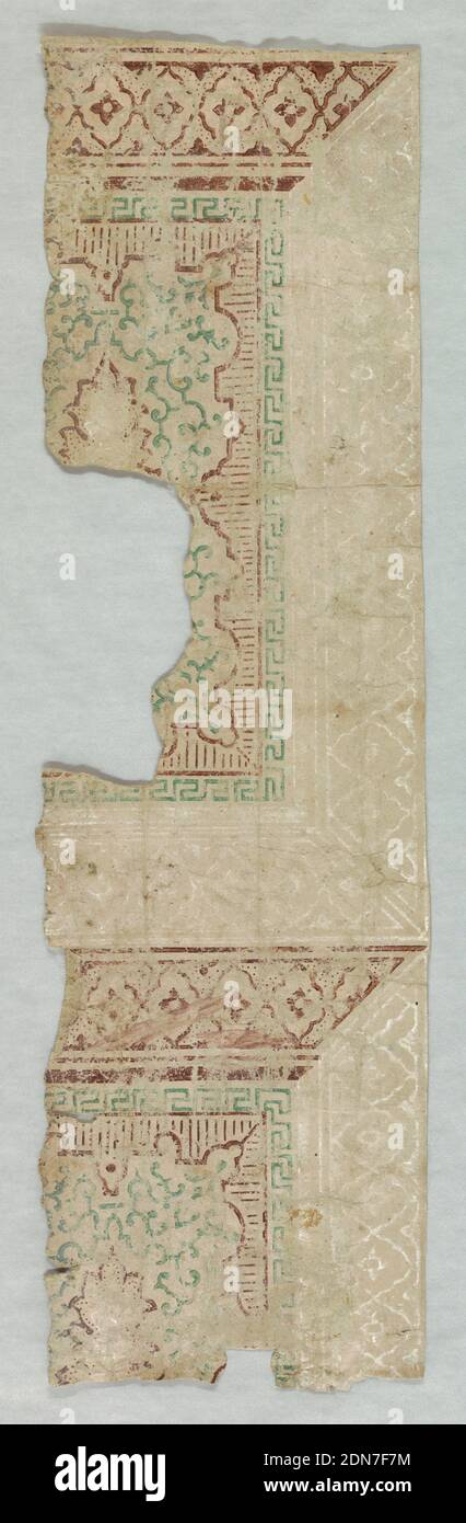 Flanc - fragment, imprimé à la machine sur du papier fait à la main, gros bloc en ashlar imprimé en 3 dimensions. Imprimé en marron, vert et blanc sur le sol taupe., 1830–50, revêtements muraux, flanc - fragment Banque D'Images