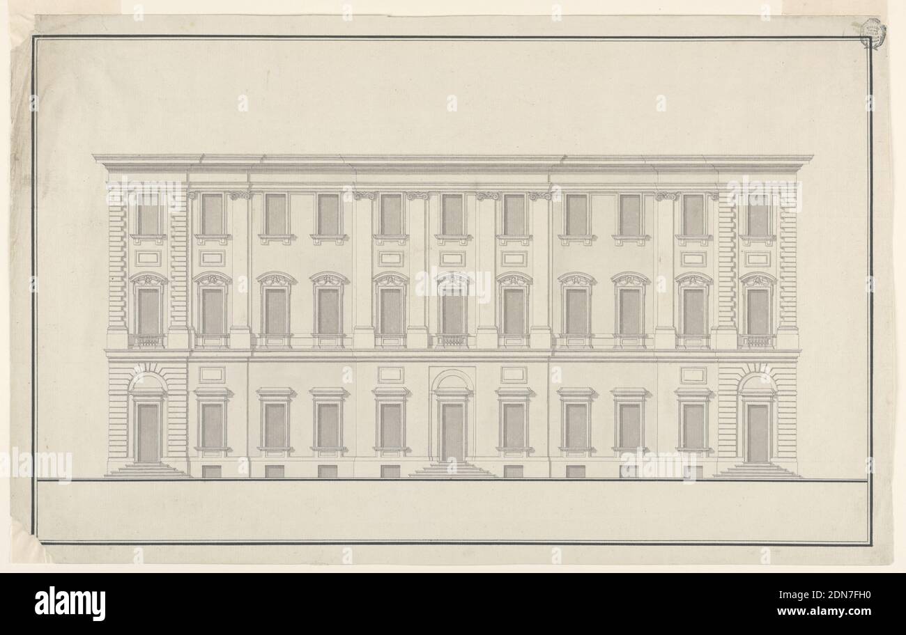Élévation d'un bâtiment majestueux avec trois entrées, stylo et encre, brosse et lavage gris sur papier blanc coulé, dessin architectural de format horizontal. Le bâtiment représenté a trois étages et un sous-sol. La partie centrale des trois baies, et les extrémités de deux baies chaque projet; les dernières nommées, deux fois. Rustique dans les dernières baies. Cinq marches mènent aux portes des baies centrale et extérieure. Pilastres d'ordre ionique aux étages supérieurs. Encadrement similaire à 1940-21-29., Italie, fin du XVIIIe siècle, architecture, dessin Banque D'Images