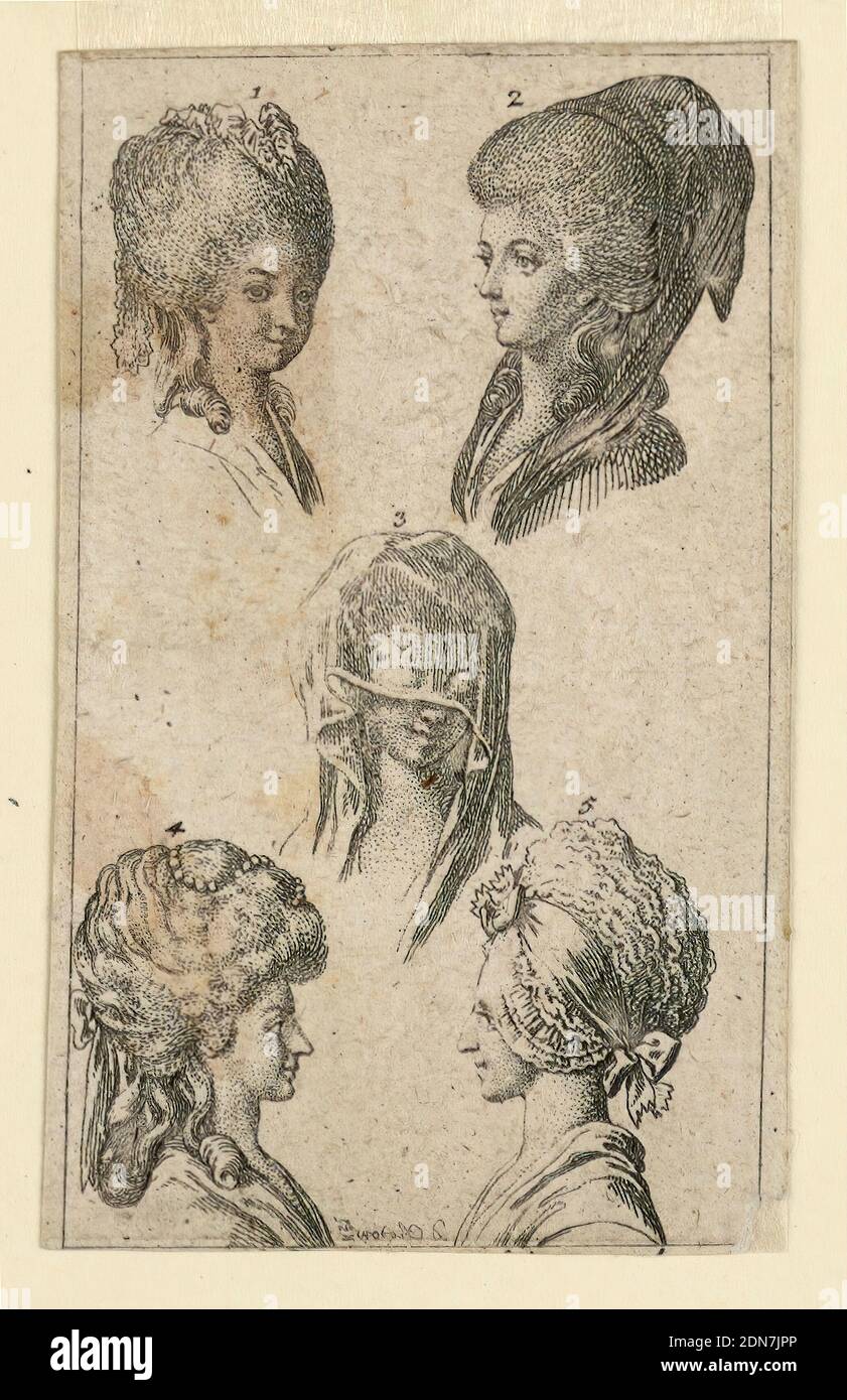 Cinq têtes, portées par Berlin Women, Illustration pour 'Königl: Grosbrit [anische] Genealogischer Kalender auf das 1782 Jahr Lauenberg bey J.G. Berenberg', Daniel Nikolaus Chodowiecki, allemand, 1726 - 1801, gravure et gravure en pointillé sur papier, en-tête et sous-titres coupés. Rangée du haut: 1: Tête avec un très petit chapeau. 2: profil de la tête vers la gauche, avec un foulard. Centre : 3 : tête demi-voilée. Ligne inférieure : 4 : profil vers la droite. Une corde de perles et un noeud d'arc dans les cheveux. 5: Profil à gauche, avec une casquette., Allemagne, 1782, Imprimer Banque D'Images