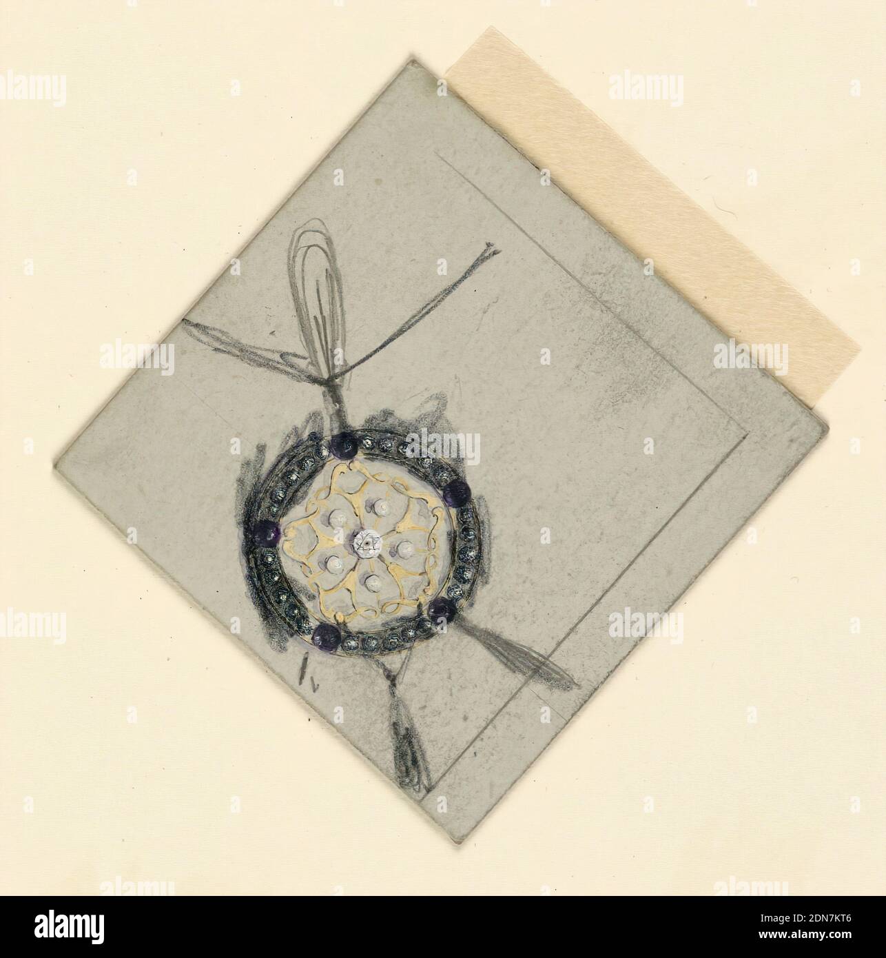 Design pour suspension, George E Germer, 1868 – 1936, George E Germer, 1868 – 1936, graphite, pinceau et aquarelle sur carton, rectangle vertical. Un médaillon circulaire à la filigrane, aux perles et au diamant est transformé d'une manière superficielle en pendentif à trois gouttes. Lignes limitrophes, à droite., États-Unis, 1910–20, dessin Banque D'Images