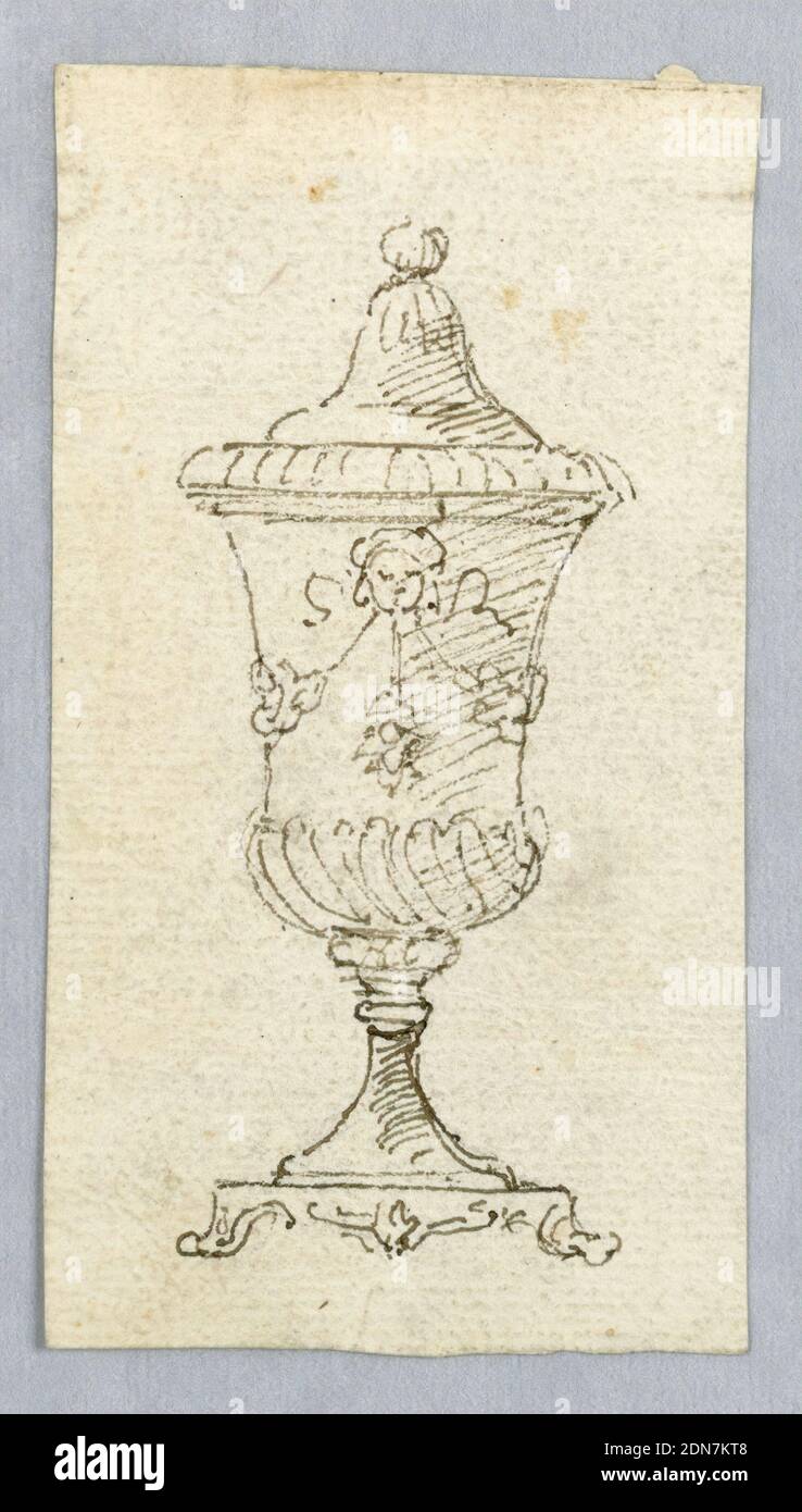 Design pour une urne, stylo et encre sur papier, rectangle vertical avec esquisse d'élévation libre d'une urne avec galopant en spirale., Italie, 1800–1820, classicisme, dessin Banque D'Images
