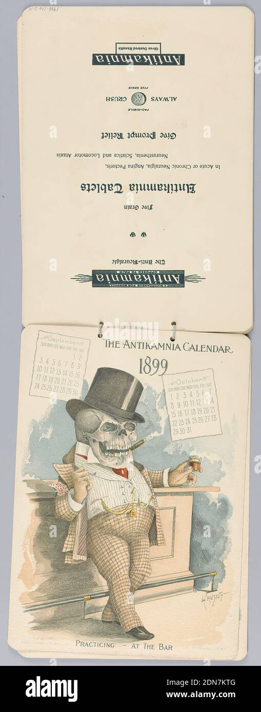 Calendrier Antikamnia, septembre et octobre 1899 : pratiquer – au Bar, Louis Crusius, américain, 1862 - 1898, Louis Crusius, américain, 1862 - 1898, Chromolithographe sur papier avec reliure à cordes, septembre et octobre 1899., New York, New York, États-Unis, 1898, conception graphique, Calendrier, Calendrier Banque D'Images