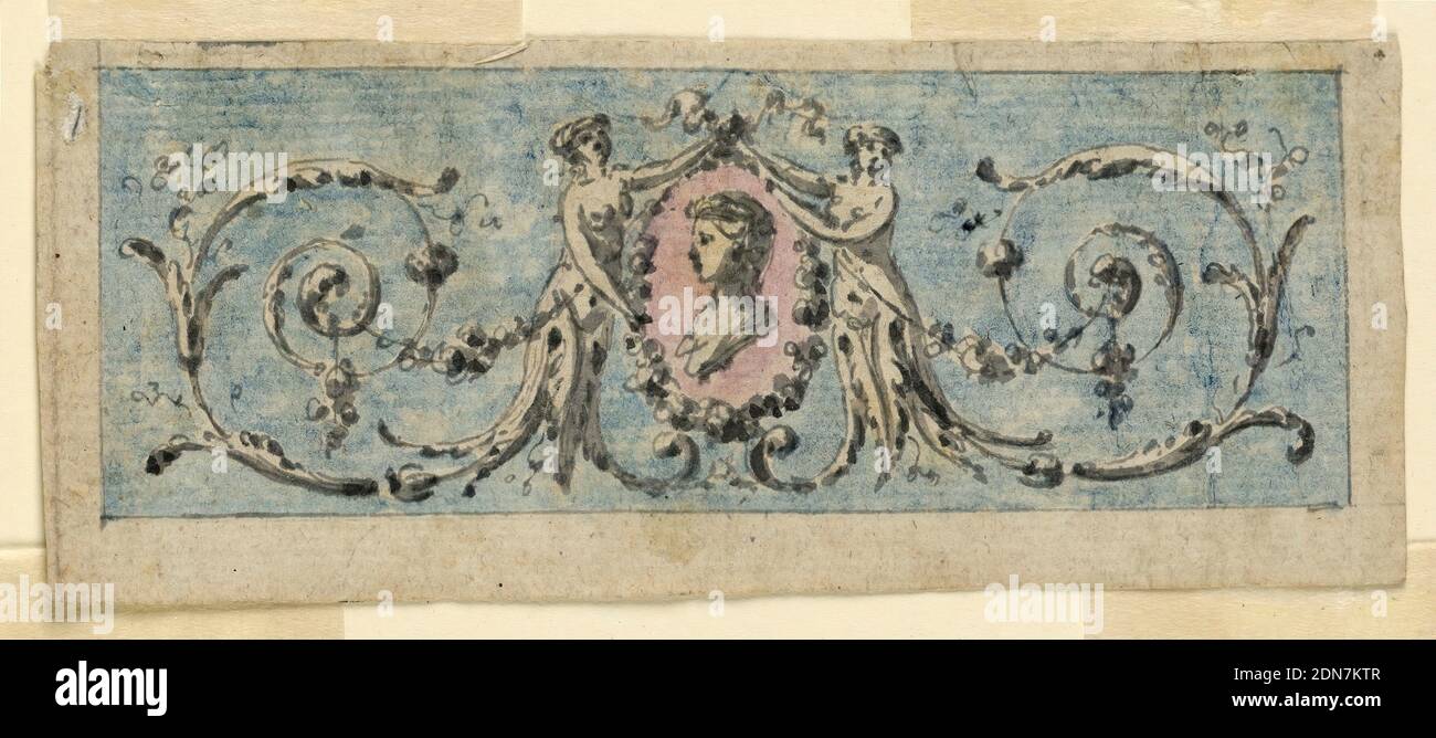 Design pour la décoration d'un panneau, Brush et gris, noir, bleu, et rose aquarelle sur papier, deux demi-figures, smiliar à ceux en 1931-70-42, porter un médaillon avec un buisson d'une fille. Encadrement rectiligne, France, 1760–1780, architecture, dessin Banque D'Images