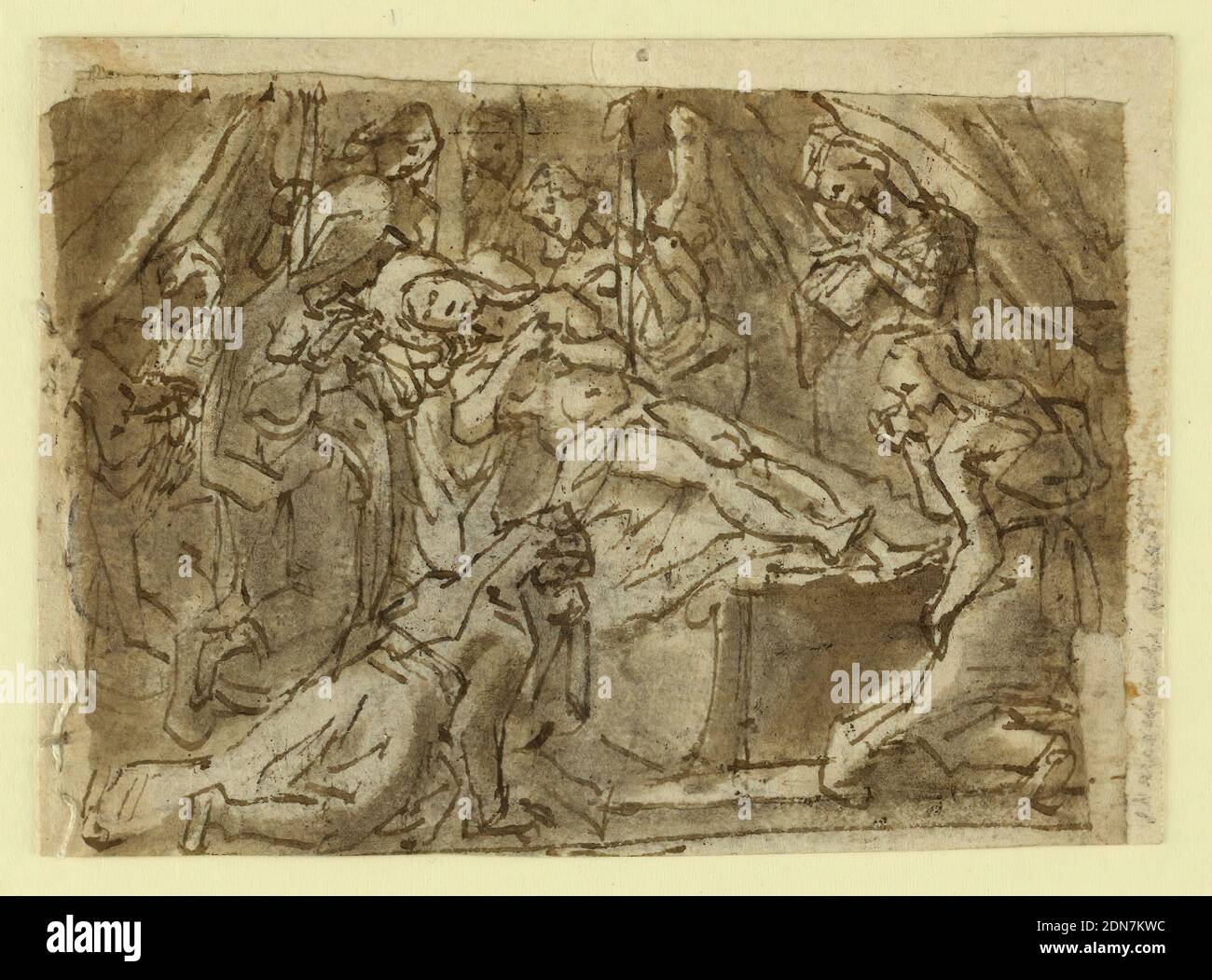 Recto: Lamentation sur le Christ mort; Verso: Peinture Zeuxis Helen de Troy, Jan van der Straet, appelée Stradanus, flamand, 1523–1605, craie noire, stylo et encre brune, lavage gris-brun sur papier couché, Recto: Le Christ est montré sur un sarcophage. Deux anges tiennent des bougies allumées près de sa tête. La Vierge s'agenouille à côté. Quatre autres femmes, et une figure indistincte dans le dos, pleurent le Christ mort. Vous trouverez ci-dessous une ligne de cadrage, dont une partie est sur -2648a. Quelques traits sur le bord inférieur appartiennent à -2648a. Verso, verticalement: Zeuxis utilise un certain nombre de modèles pour la mode d'une image de Helen de Troy Banque D'Images