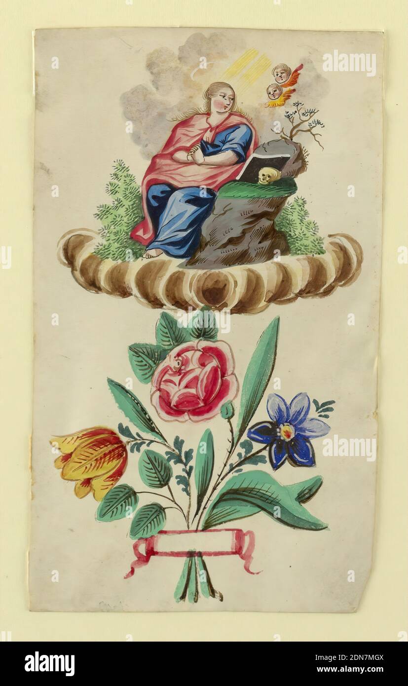 Photo de dévotion: Le Pentitent Magdalene, pinceau et aquarelle sur papier, monté, le Magdalene est vu assis par un monticule de terre sur lequel repose un crâne; deux séraph au-dessus. Ci-dessous, un bouquet de fleurs et un ruban vierge. Ligne de cadrage verte sur le support, Allemagne du Sud, env. 1750, dessin Banque D'Images