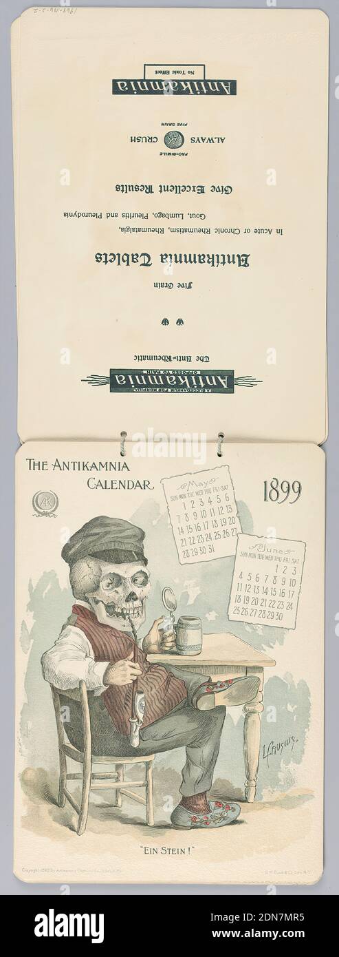Calendrier Antikamnia, mai et juin, 1899: 'Ein Stein!', Louis Crusius, américain, 1862 - 1898, Louis Crusius, américain, 1862 - 1898, Chromolithographe sur papier avec reliure à cordes, mai et juin, 1899., New York, New York, États-Unis, 1898, conception graphique, Calendrier, Calendrier Banque D'Images