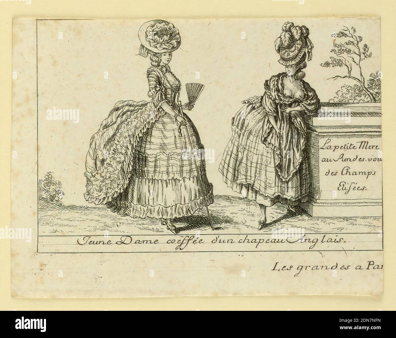 Vignette des femmes, Esnauts et Rapilly, Français, 1770 - 1820, gravure sur papier, une des cinq vignettes d'une feuille intitulée 'Collection de costumes…' Après les dessins de Leclerc, Desrais, et d'autres, de robe pour dames pour diverses occasions, avec inscription., Paris, France, Europe, ca. 1770–1780, Imprimer Banque D'Images