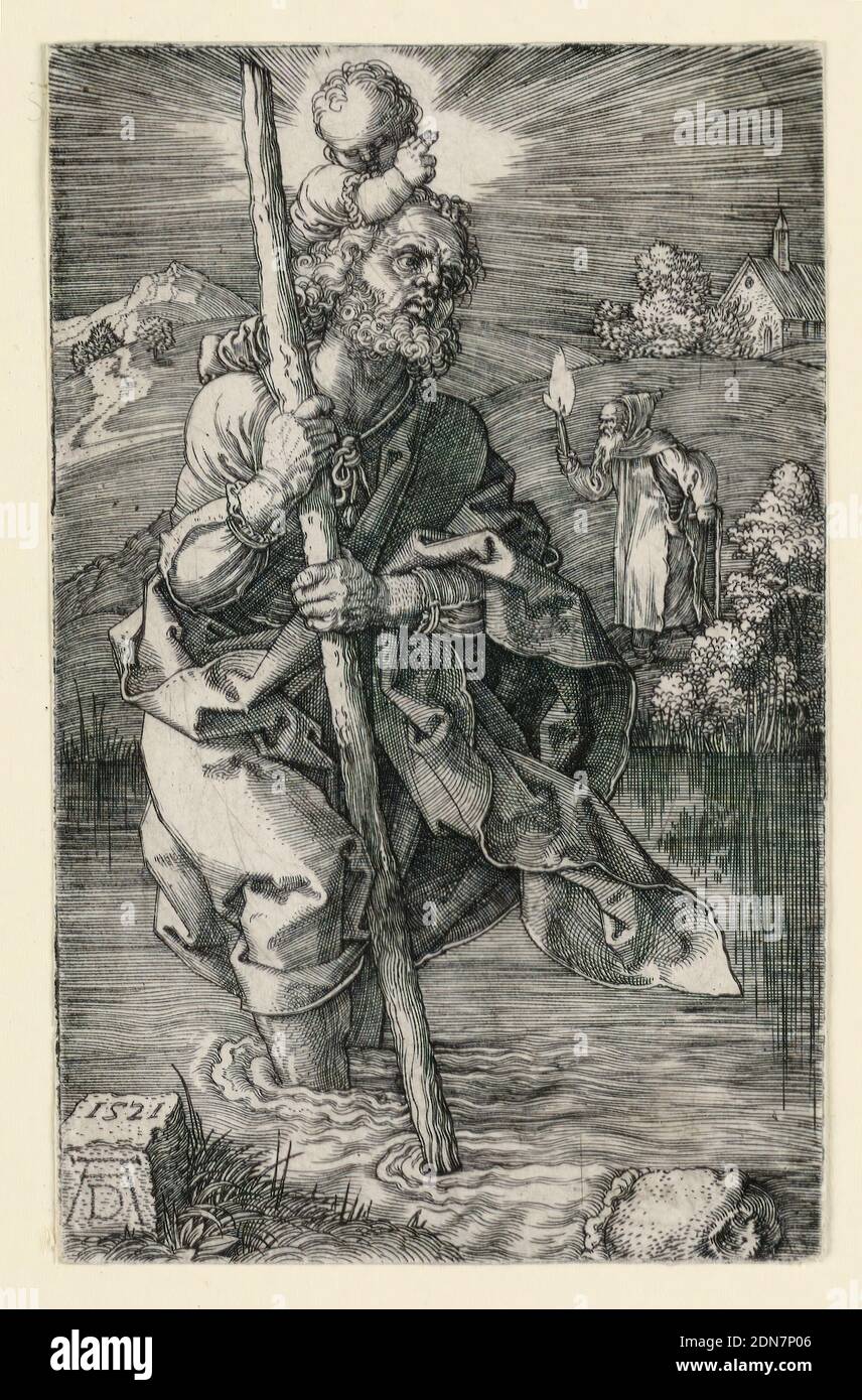 St. Christopher, Albrecht Dürer, allemand, 1471–1528, gravure sur papier ponté, St. Christopher au premier plan, fording de la rivière, se déplaçant vers la droite. Le bébé Christ, qu'il porte sur ses épaules, lève sa main droite en bénédiction., 1521, figures, Imprimer Banque D'Images