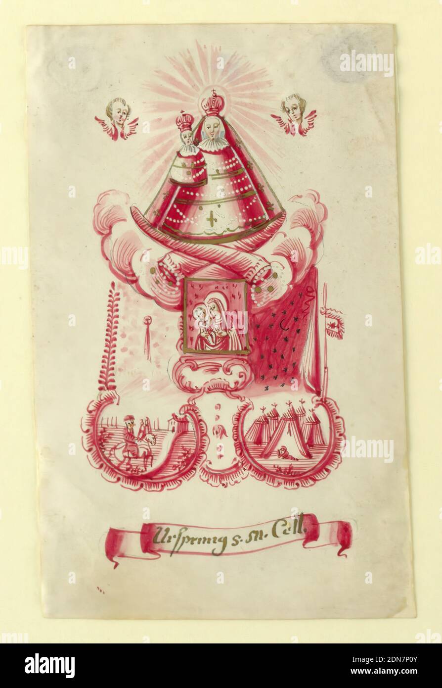 Photo de dévotion : la Vierge miraculeuse de la cellule, pinceau et aquarelle rose et or sur papier, montée, une icône est montrée avec la mère et l'enfant au-dessus, reposant sur des cornucopiae et au-dessous de deux vignettes d'un homme à cheval et un campement. Ci-dessous, un ruban est inscrit en peinture dorée: 'Ursprung S[ancta] M[aria] Ceel[Am See]'. Ligne de cadrage verte sur le support. Souvenir du Sanctuaire de Cell-Am-See, sur le lac de Constance, Allemagne du Sud, ca. 1750, dessin Banque D'Images