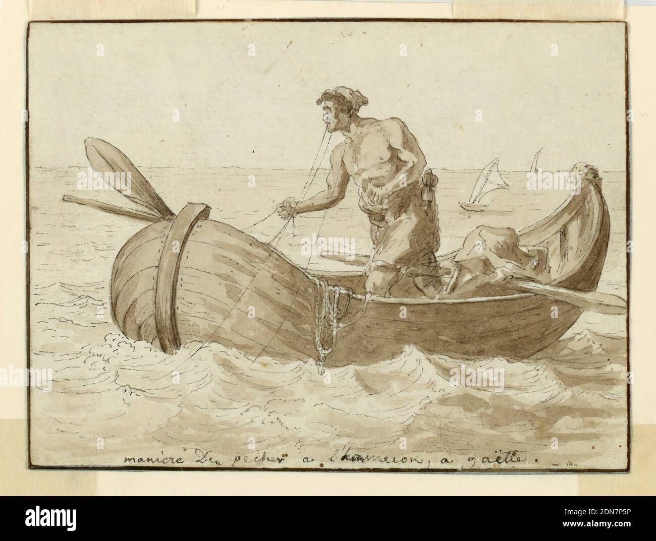 Pêcheur de Gaëta, Italie, Charles Joseph Hullmandel, Britannique, 1789–1850, encre de plume et chinoise, aquarelle de pinceau et de brun sur papier, monté, UN homme se tient dans un bateau à rames tenant des cordes avec les mains et la bouche. Les voiliers sont affichés en arrière-plan. Légende : 'Manteau de pêche a l'hameçon, a Gaëtte.', Angleterre, 1800-1825, dessin Banque D'Images
