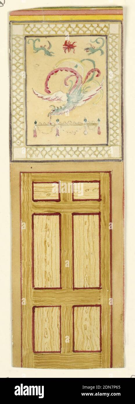 Design pour porte et porte avec fantastique oiseau, probablement pour la salle jaune, Royal Pavilion, Brighton, Frederick Crace, anglais, 1779–1859, George IV, roi d'Angleterre, anglais, 1762 – 1830, pinceau et aquarelle, graphite sur papier vélin blanc, Conception pour une section d'un mur montrant une porte surmontée d'un panneau rectangulaire peint décoré d'un oiseau avec un plumage coloré. Une large bordure entoure le panneau., 1802 ou antérieur, architecture, dessin Banque D'Images