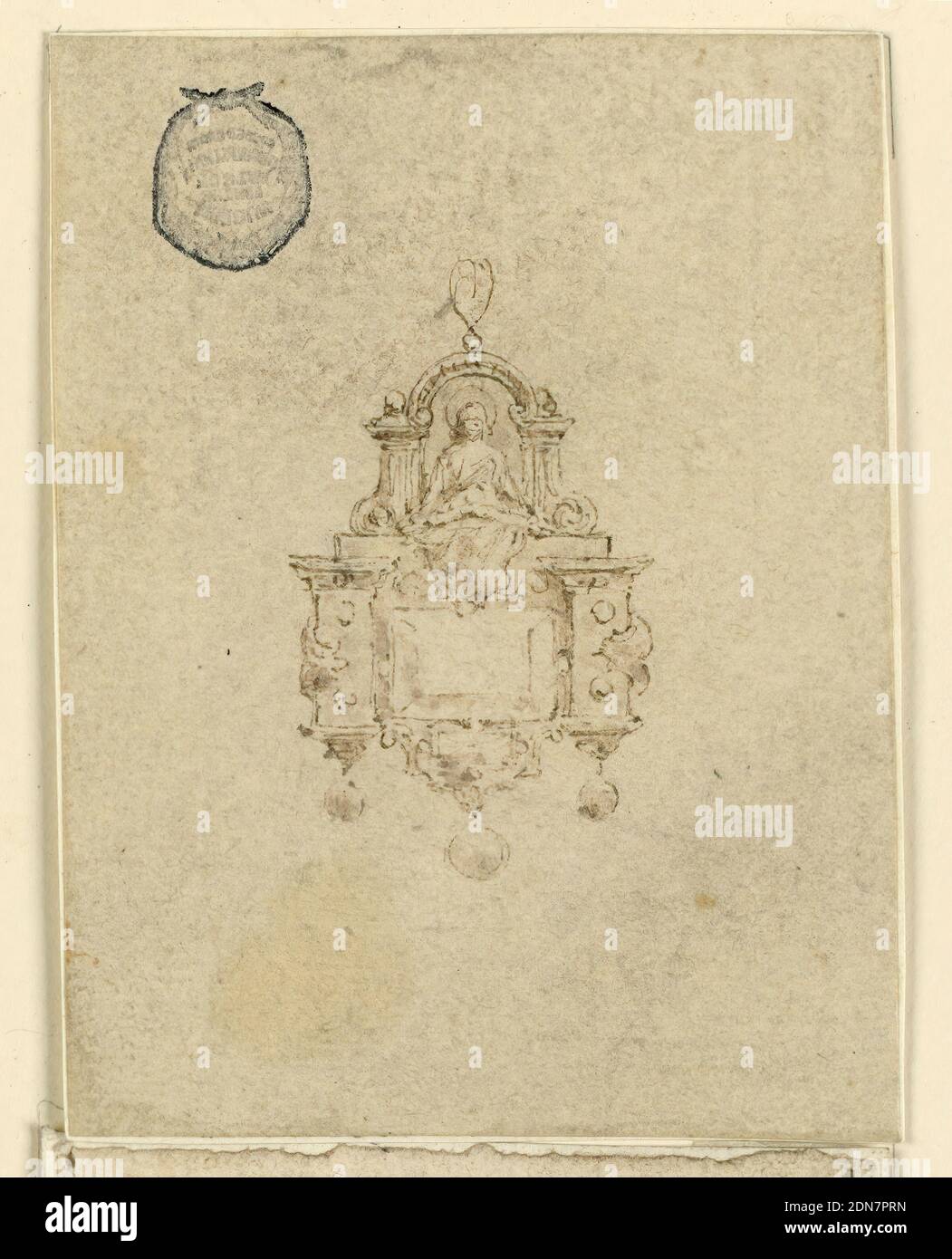 Design pour une suspension avec femme sur trône, stylo et encre, brosse et sépia sur papier, UNE femme assise sous un volute. Ci-dessous, un diamant oblong avec cadre architectural. Trois pierres précieuses tombent ci-dessous., Italie, XVIe siècle, bijoux, dessin Banque D'Images