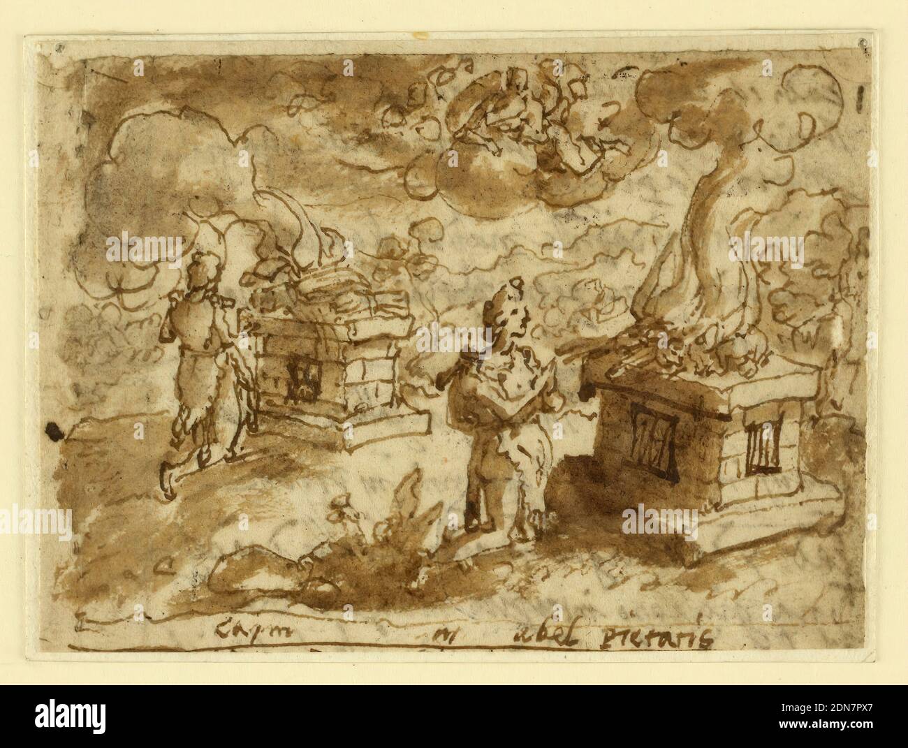 Sacrifices de Caïn et Abel, conception préliminaire de 'Spiritus Pietatis' (l'Esprit de piété, planche 6 dans la série d'imprimés 'les sept dons de l'Esprit Saint', Jan van der Straet, appelé Stradanus, Flamand, 1523–1605, stylo et encre brune, pinceau et lavage sur papier coulé, Caïn, la forme vue derrière s'agenouille devant un autel à gauche, sur lequel est placé son holocauste de feuilles de maïs. Abel, d'une manière similaire, ses mains jointes dans la prière, est vu à droite avant une offrande d'agneaux brûlants.Dieu le Père apparaît au-dessus, étendant ses bras pour indiquer le rejet de l'offrande de Caïn Banque D'Images Sacrifices de Caïn et Abel, conception préliminaire de 'Spiritus Pietatis' (l'Esprit de piété, planche 6 dans la série d'imprimés 'les sept dons de l'Esprit Saint', Jan van der Straet, appelé Stradanus, Flamand, 1523–1605, stylo et encre brune, pinceau et lavage sur papier coulé, Caïn, la forme vue derrière s'agenouille devant un autel à gauche, sur lequel est placé son holocauste de feuilles de maïs. Abel, d'une manière similaire, ses mains jointes dans la prière, est vu à droite avant une offrande d'agneaux brûlants.Dieu le Père apparaît au-dessus, étendant ses bras pour indiquer le rejet de l'offrande de Caïn Banque D'Images
