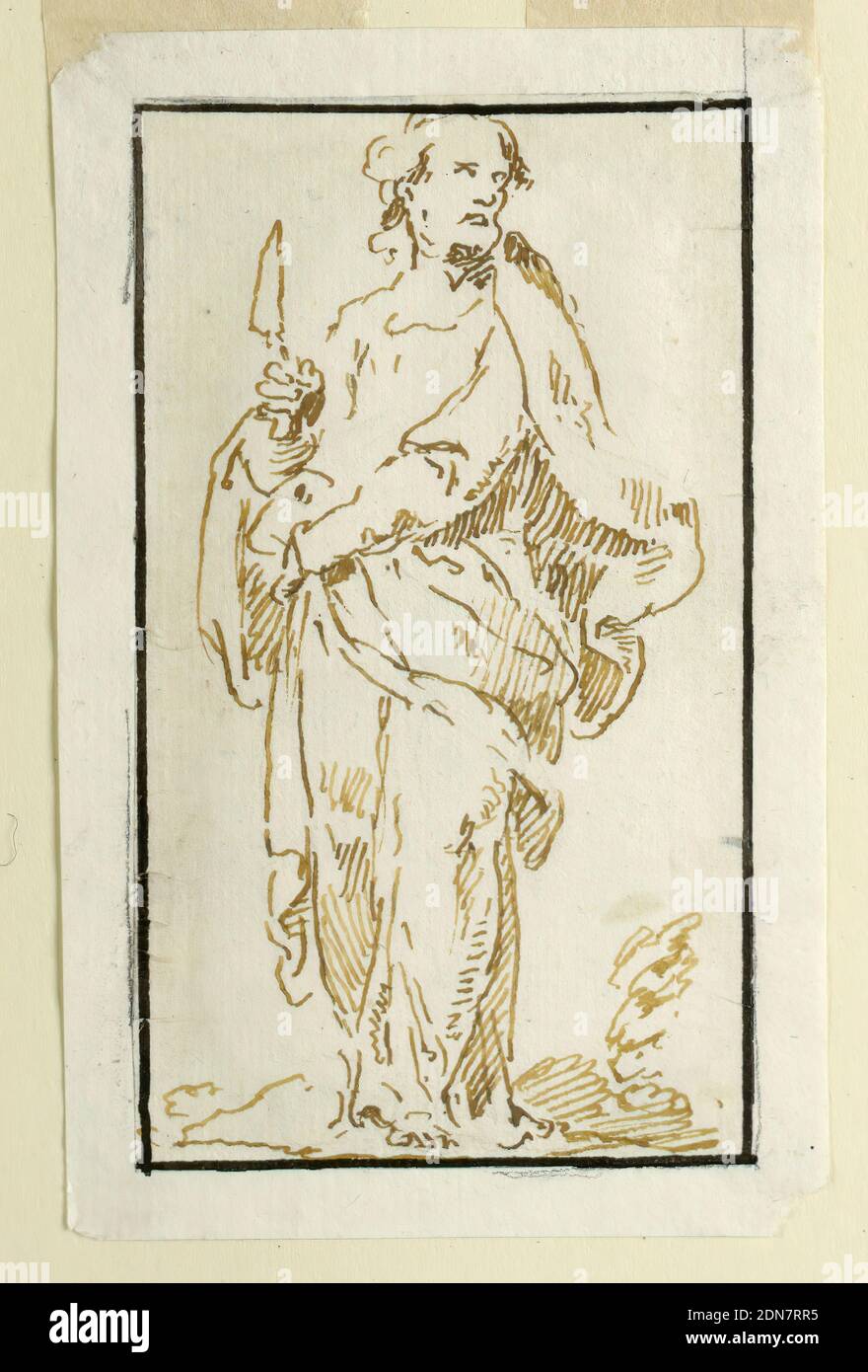 Un vieux Saint, probablement Saint Matthew, Pen et encre sur papier, montré marcher vers la gauche et portant dans sa main droite ce qui est probablement le sac à main. Ligne d'encre de cadrage., probablement Venise, Italie, 1750–1780, dessin Banque D'Images
