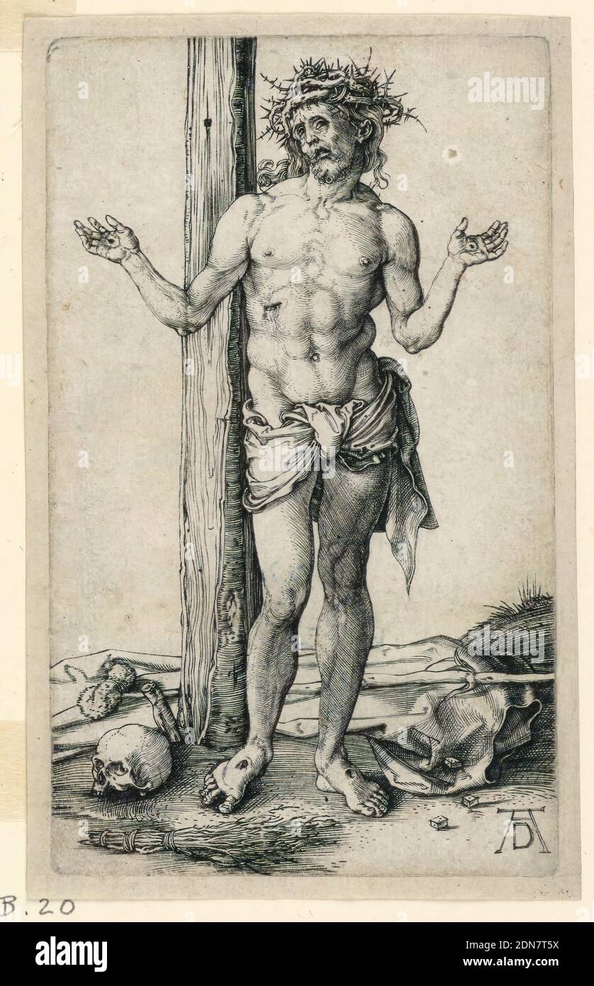 L'homme des Sorrows (les mains levées), Albrecht Dürer, allemand, 1471–1528, gravure sur papier, le Christ est représenté debout au pied d'un arbre (la croix). Ses bras sont étendus et élevés, portant une couronne d'épines., Allemagne, ca. 1507, figures, Imprimer Banque D'Images