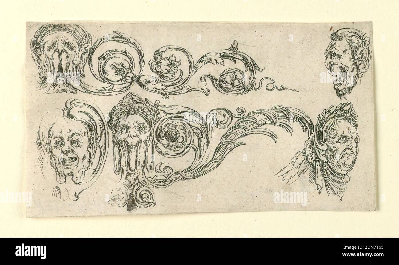 Assiette de Frise, Feuillages et Grotesques (frises, feuillages et Grotesques), Stefano della Bella, Italien, 1610–1664, Jacques Van Merle, Flamand, 1616 - 1682, Etching sur papier coulé, rectangle horizontal montrant des aabesques acanthus et des visages grotesques. A droite, un homme portant une couronne de Laurier., Italie, ca. 1645, ornement, Imprimer Banque D'Images