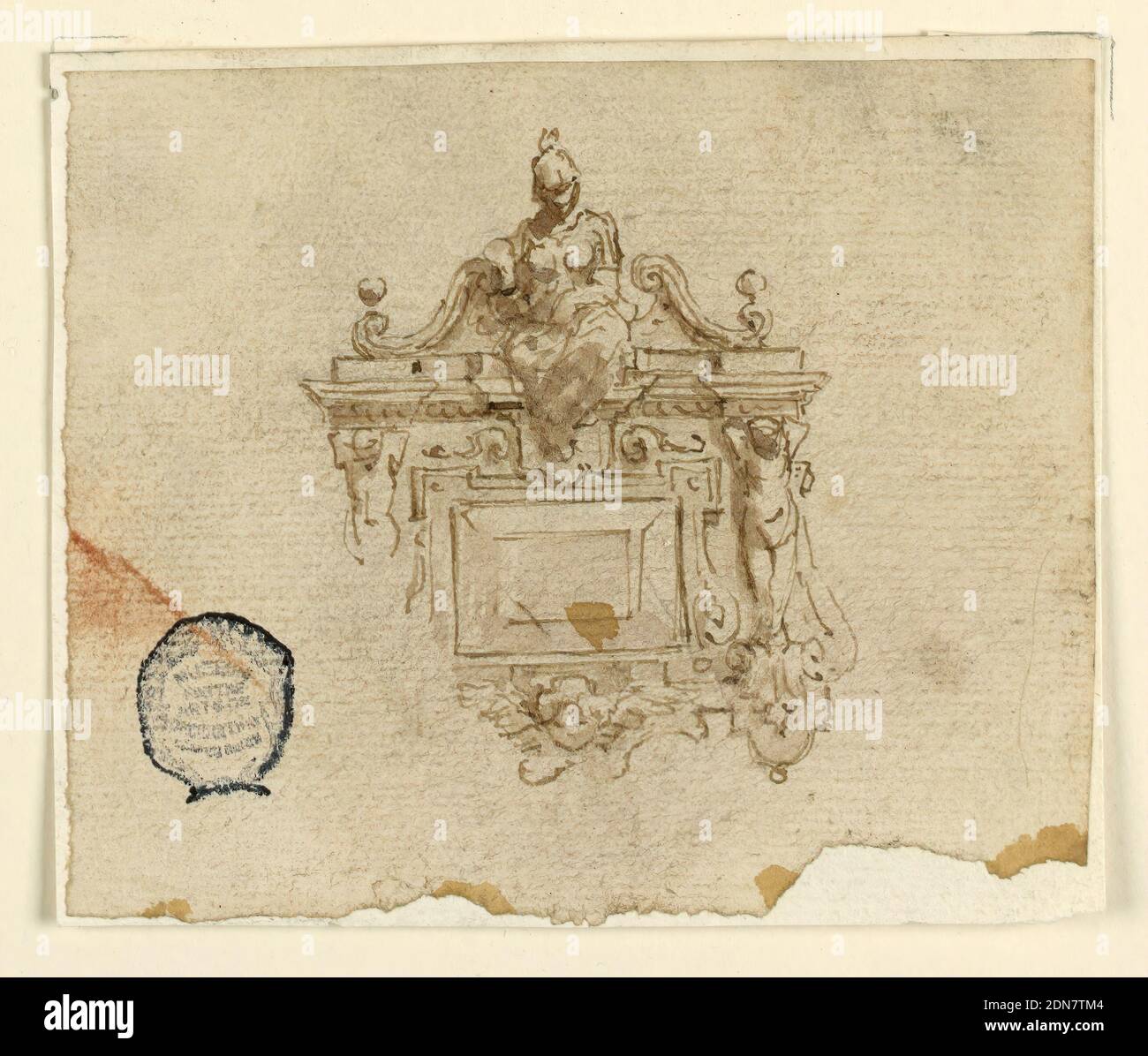 Design pour pendentif avec femme en Helmet, Graphite, stylo et encre, pinceau et sépia sur papier, UNE figure femelle portant un casque est assise dans un fronton cassé, sur une escutcheon. Ci-dessous, deux chiffres de terme bordent une tablette centrale. Tête ailée ci-dessous., Italie, XVIe siècle, bijoux, dessin Banque D'Images