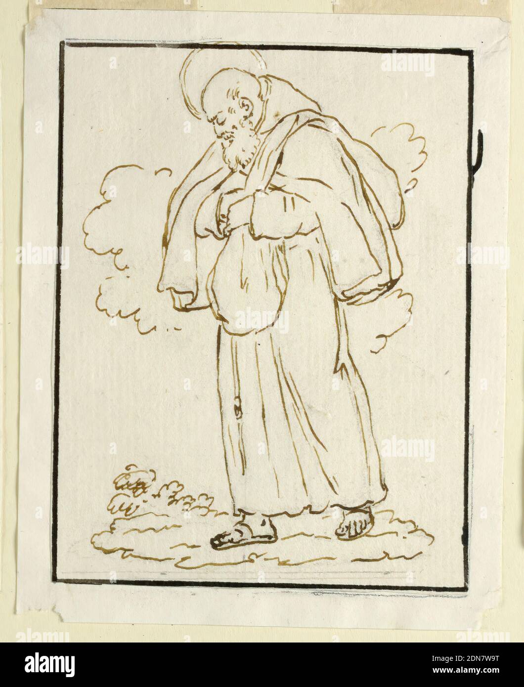 Saint Felix de Cantalupe, stylo et encre sur papier, montré marcher avec son sac vers la gauche. Ligne d'encre de cadrage., probablement Venise, Italie, 1780–1810, dessin Banque D'Images