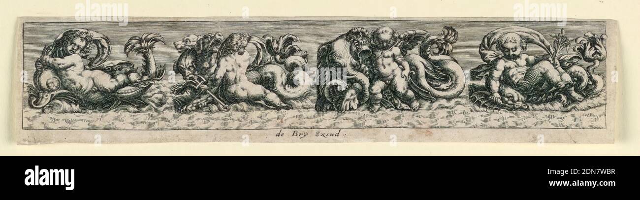 Panneau décoratif : Monstres, Theodor de Bry, flamand, 1528 – 1598, gravure sur papier, rectangle horizontal. Les dauphins, les chiens, les éléphants et les monstres marins sont bing criblés par le putti. Inscrit ci-dessous: 'De Bry Excud.', pays-Bas, ca. 1550, ornement, Imprimer Banque D'Images